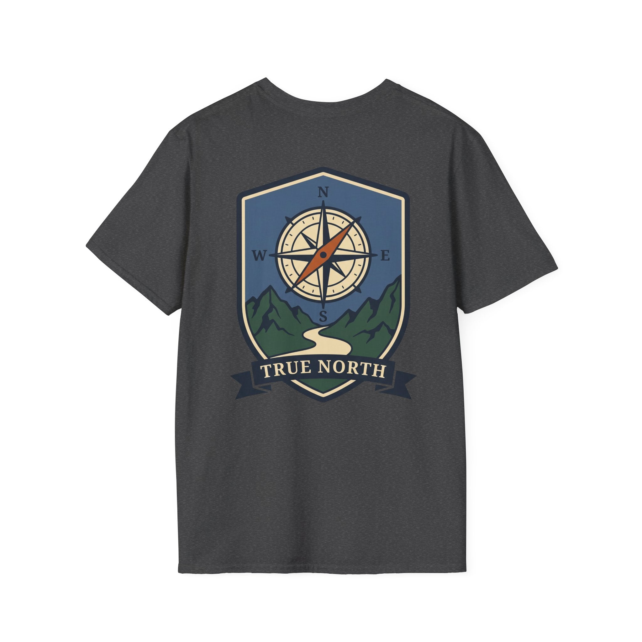 Dark heather compass shield T-shirt with compass rose, mountains, and True North banner