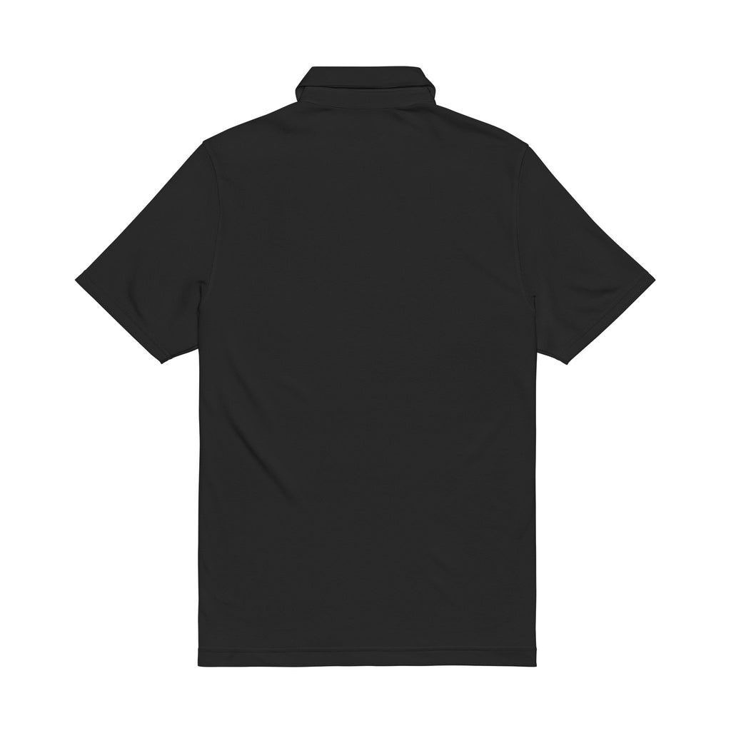 Black men’s performance polo shirt, back view with short sleeves and collar