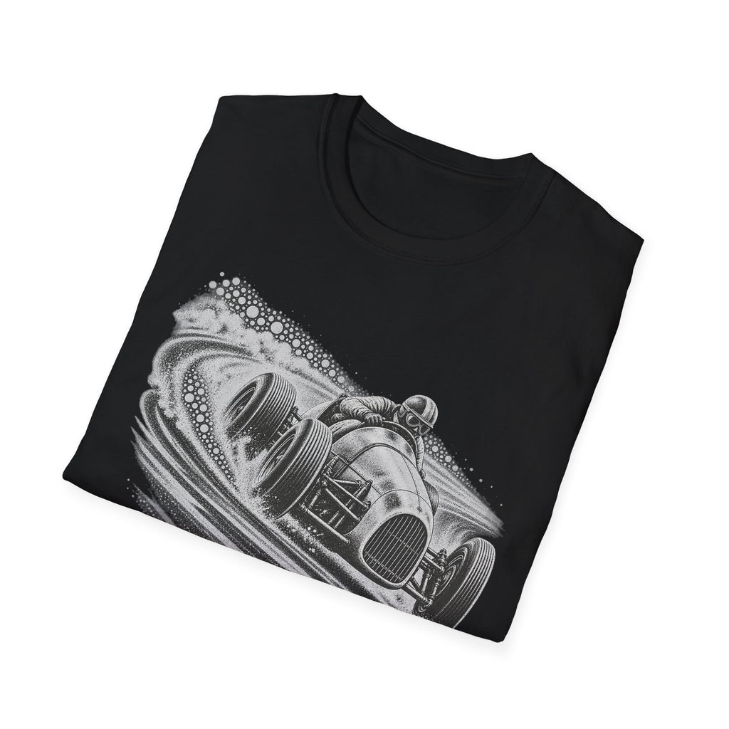 Black t-shirt with vintage open-wheel race car graphic on the front
