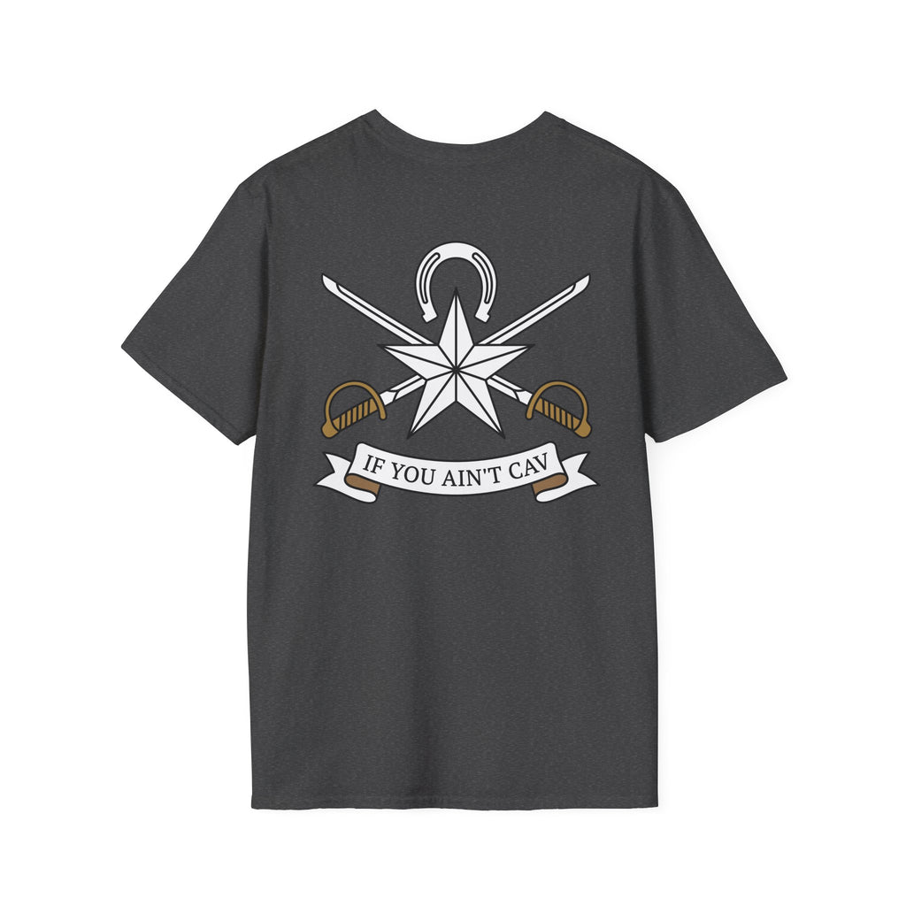 Dark heather T-shirt with star and crossed swords emblem graphic, crew neck