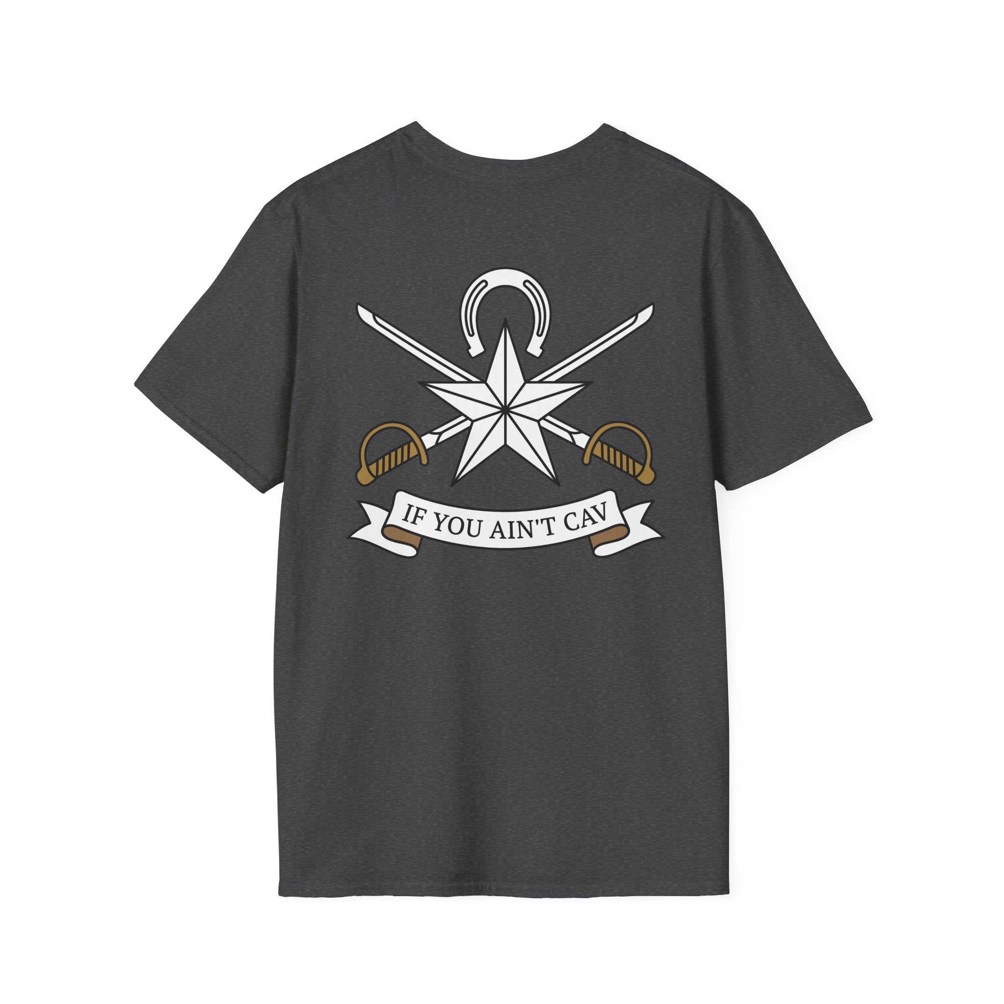 Dark heather T-shirt with star and crossed swords emblem graphic, crew neck