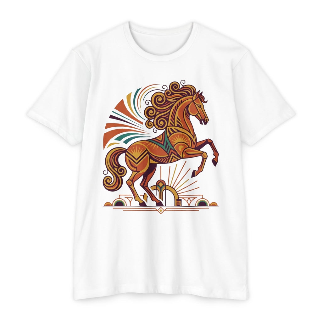 White t-shirt with prancing horse graphic in orange, teal, and brown swirl details.