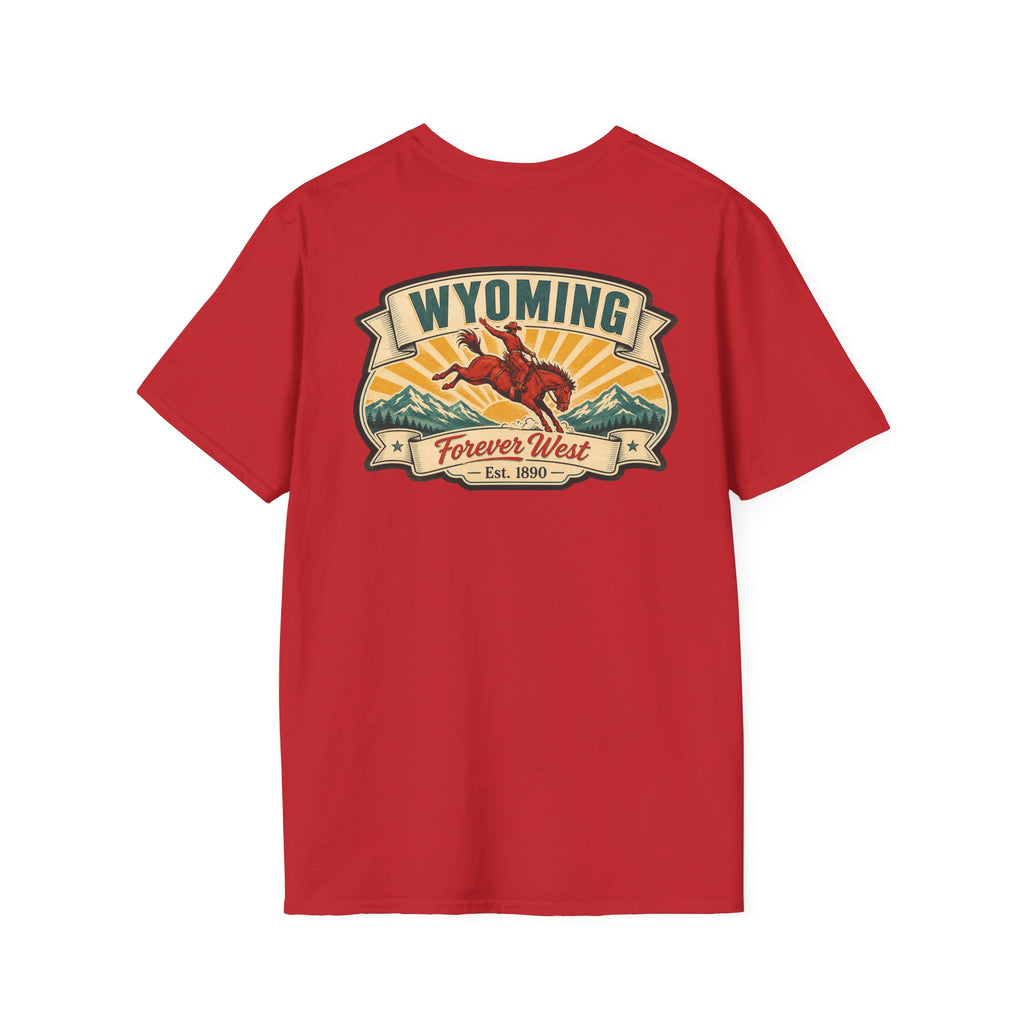 Forever West Wyoming graphic t-shirt, red, front 'Wyoming' ribbon logo