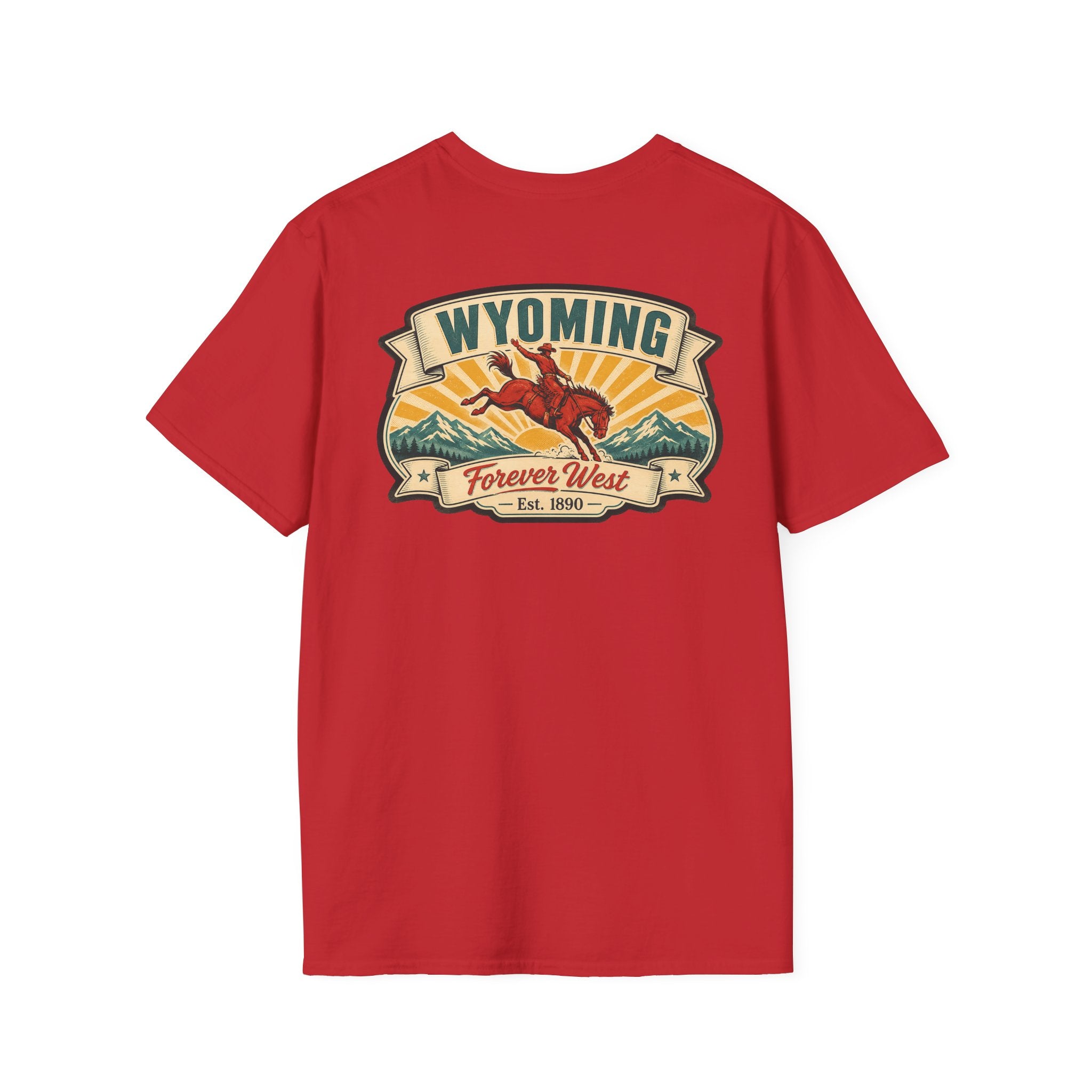 Forever West Wyoming graphic t-shirt, red, front 'Wyoming' ribbon logo