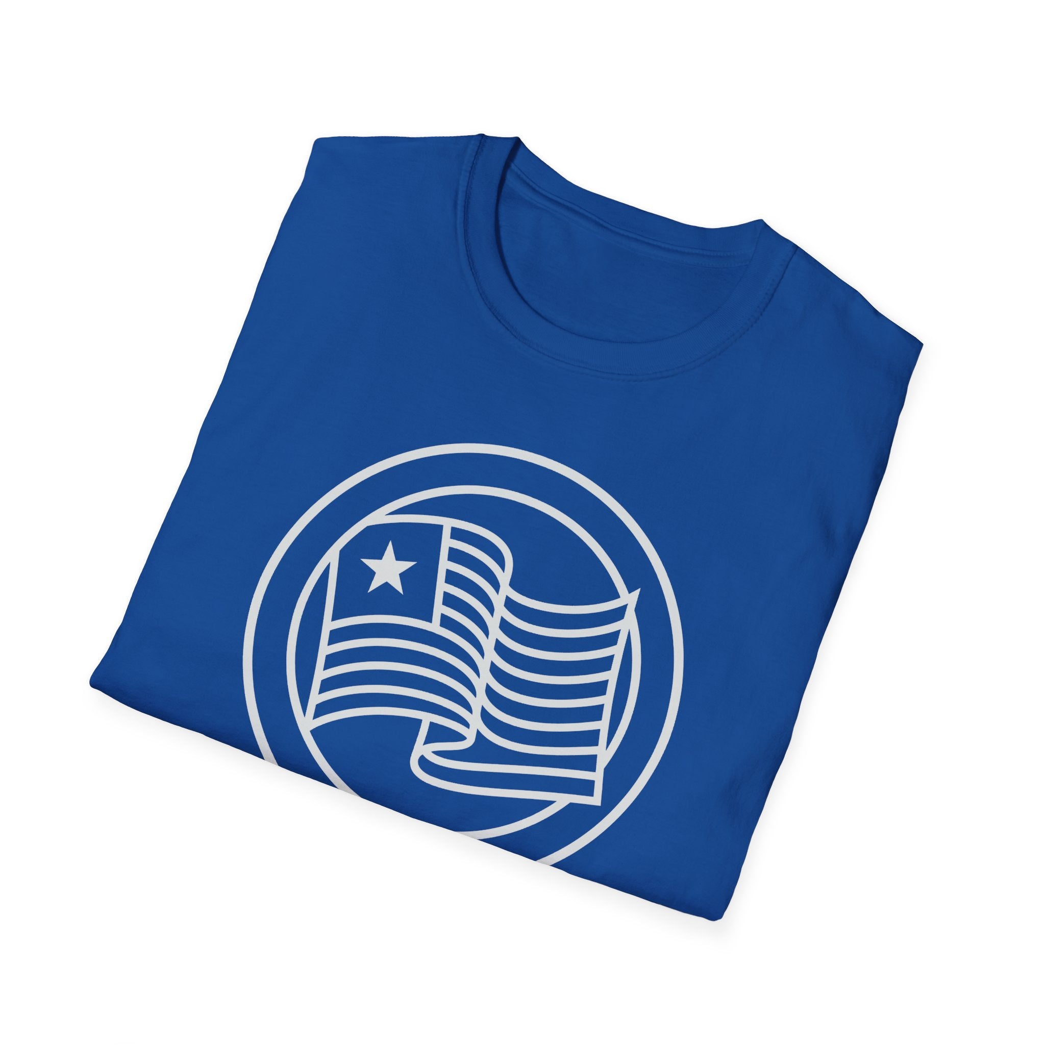 Royal blue T-shirt with white circular eagle-and-flag emblem graphic