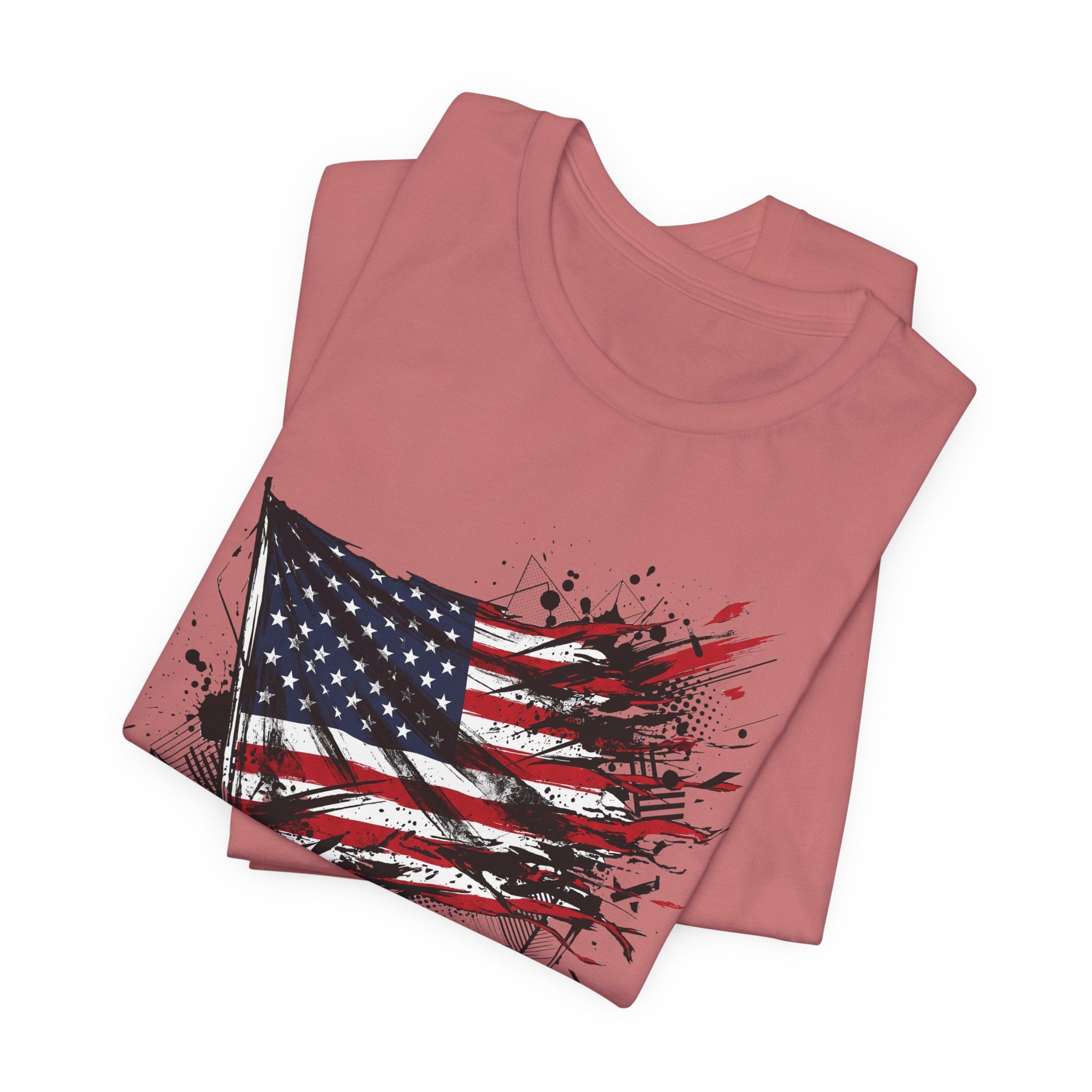 Distressed American flag t-shirt, dusty rose, crew neck, front graphic (stacked)