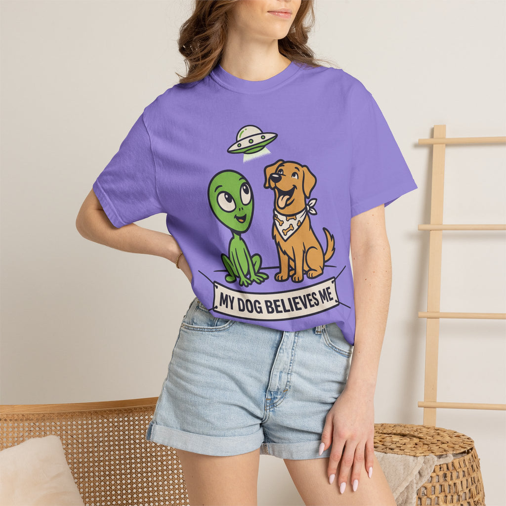 Purple T-shirt with alien and dog cartoon graphic at center chest