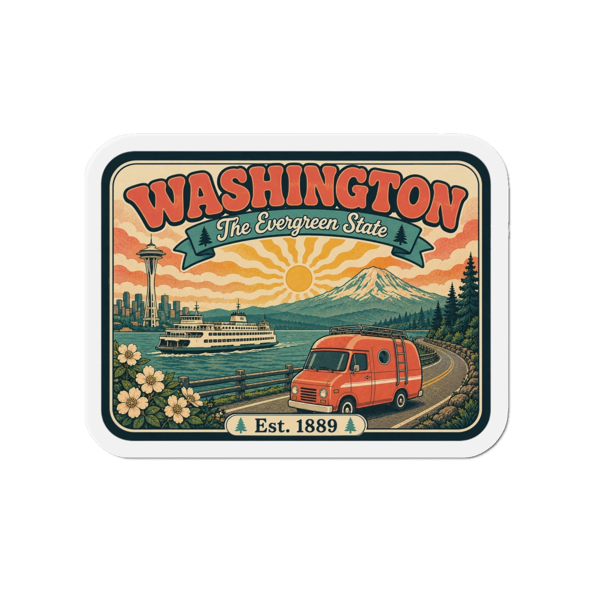 Die-cut Washington Evergreen State magnet with orange van, steamboat, flowers, Est. 1889