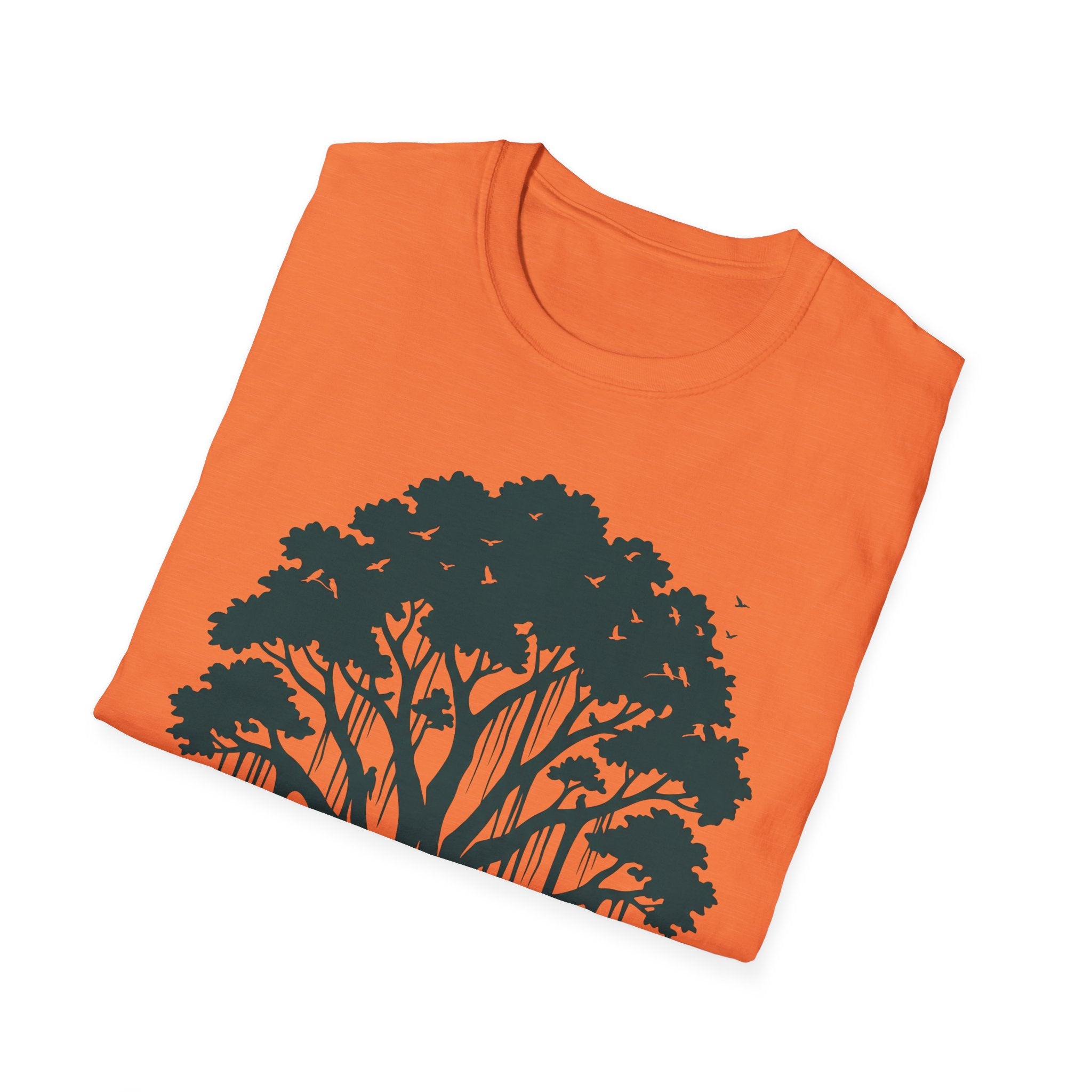 Orange T-shirt with large dark green tree canopy and birds graphic