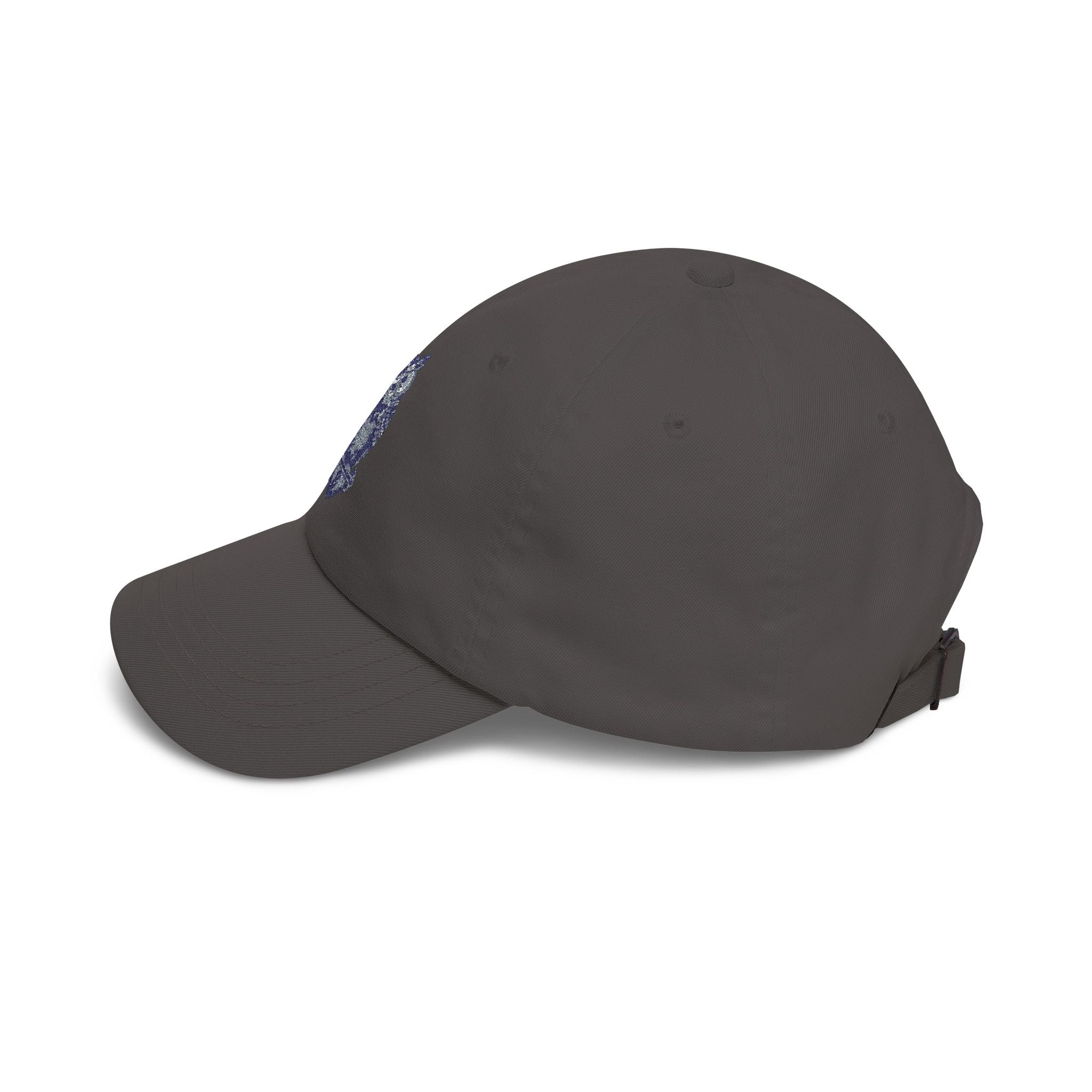 Dark gray dad baseball cap with curved brim and side strap detail