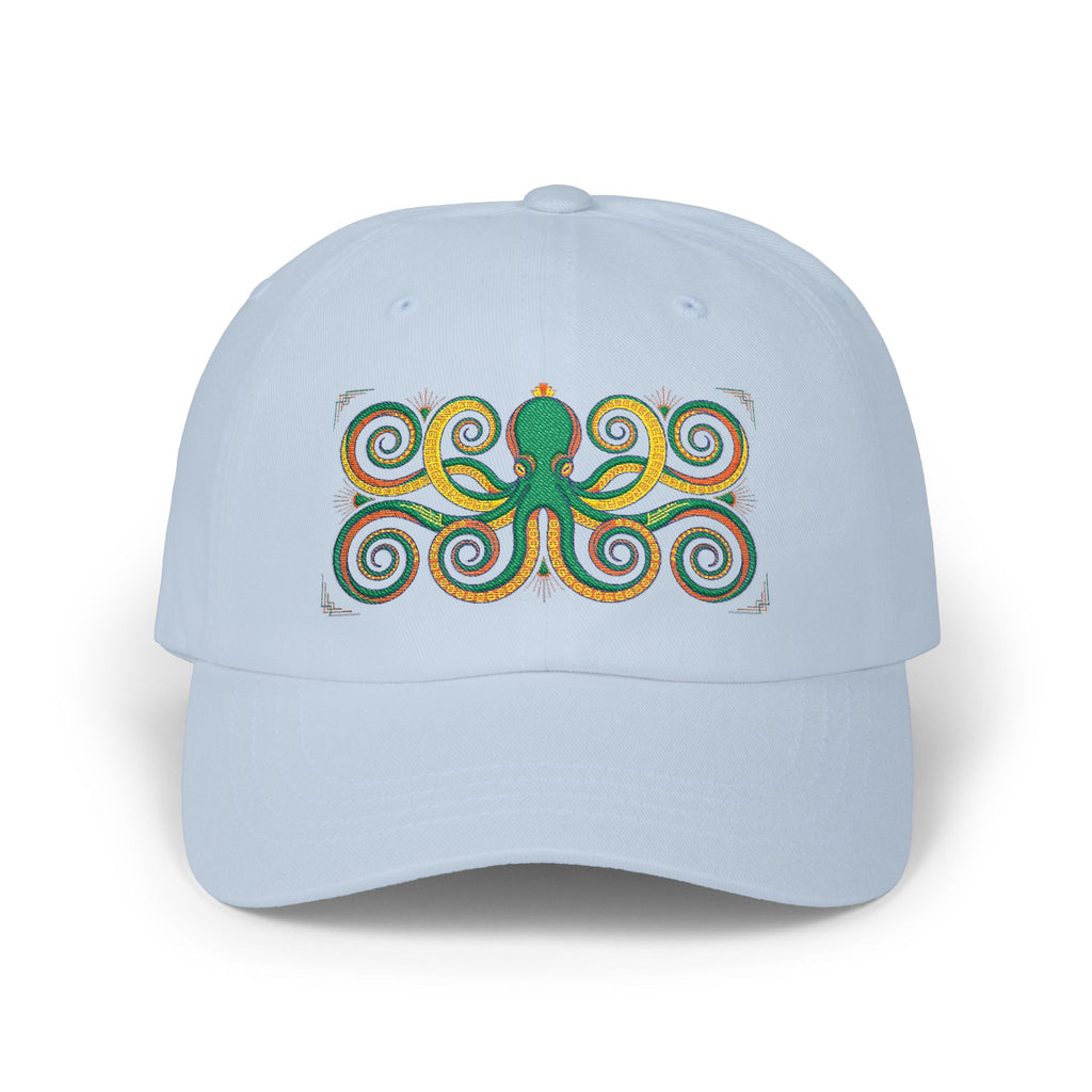 Light blue dad cap with multicolor octopus swirl embroidery on the front panel
