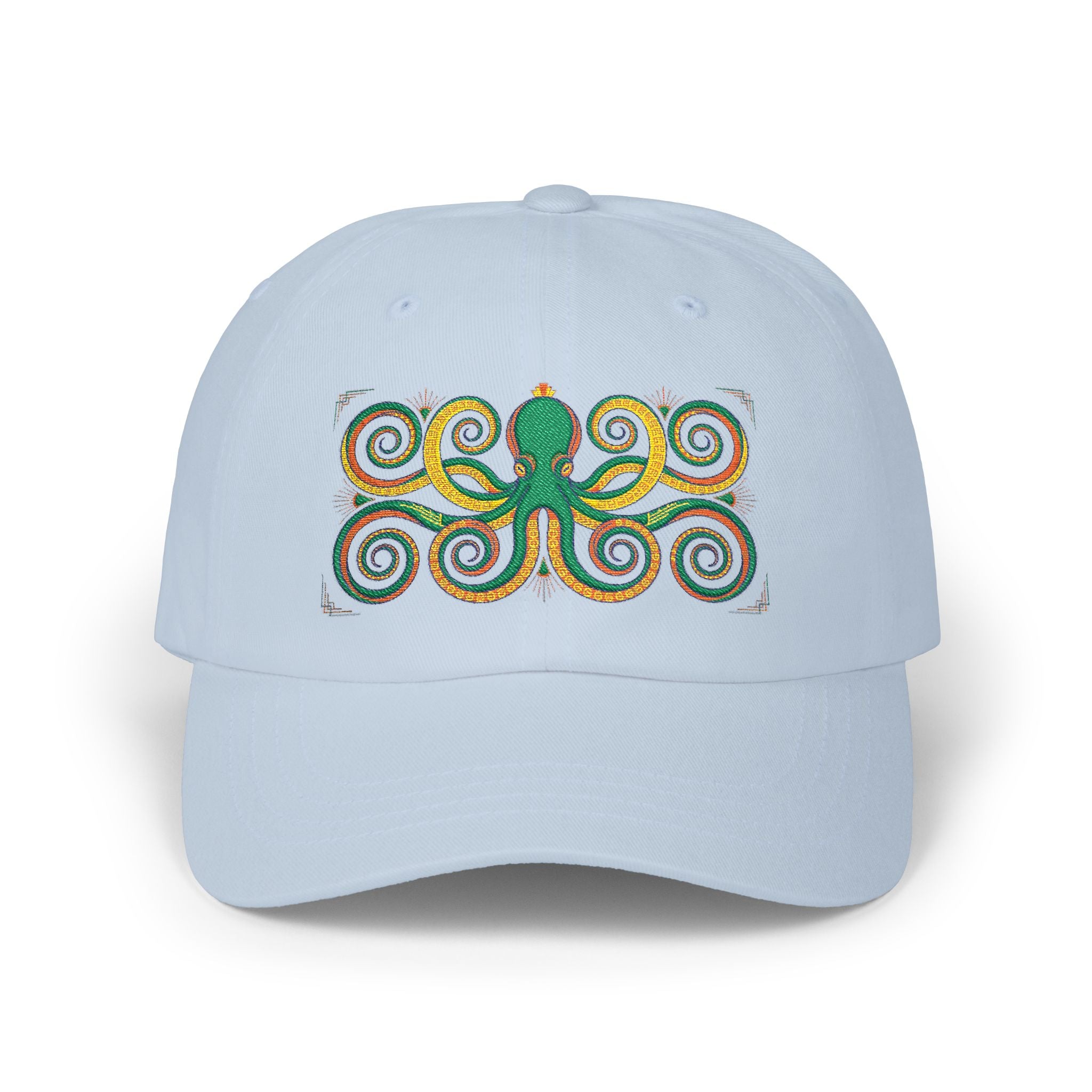 Light blue dad cap with multicolor octopus swirl embroidery on the front panel