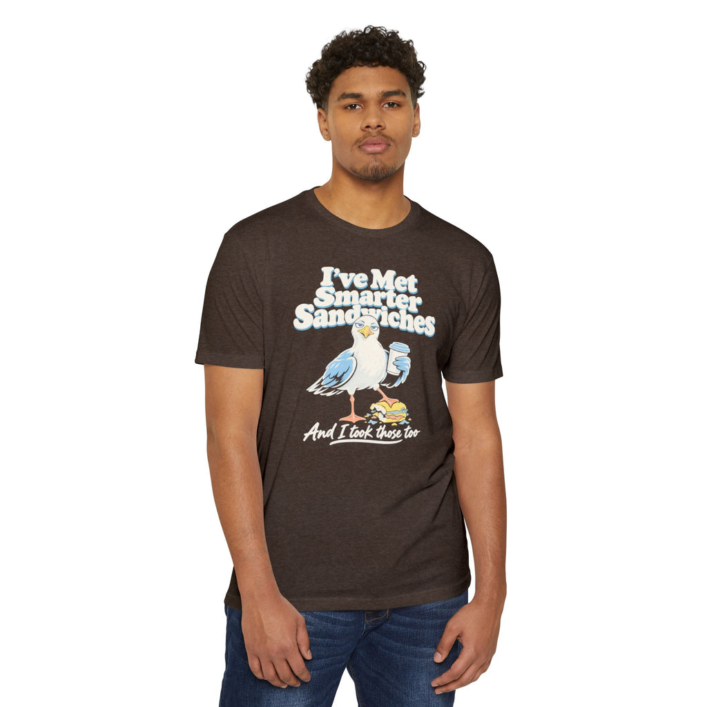 Dark brown crewneck t-shirt with seagull sandwich graphic on front