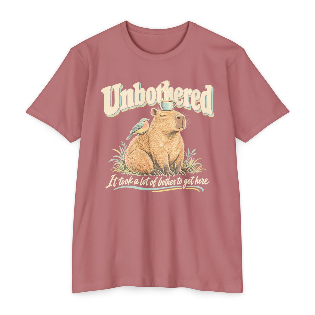 Capybara coffee T-shirt in mauve pink, front capybara holding coffee cup graphic