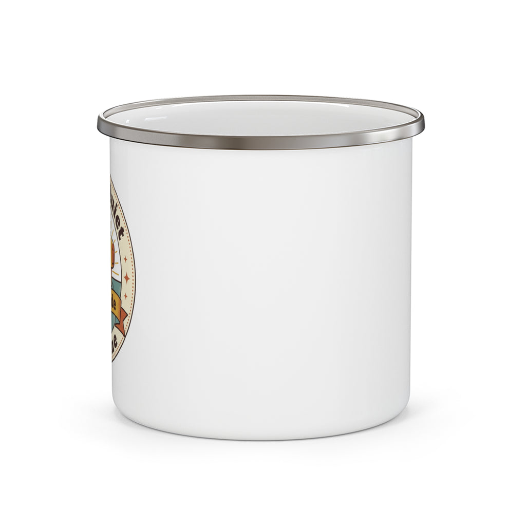 Enamel camping mug, white with partial side graphic and wide metal rim