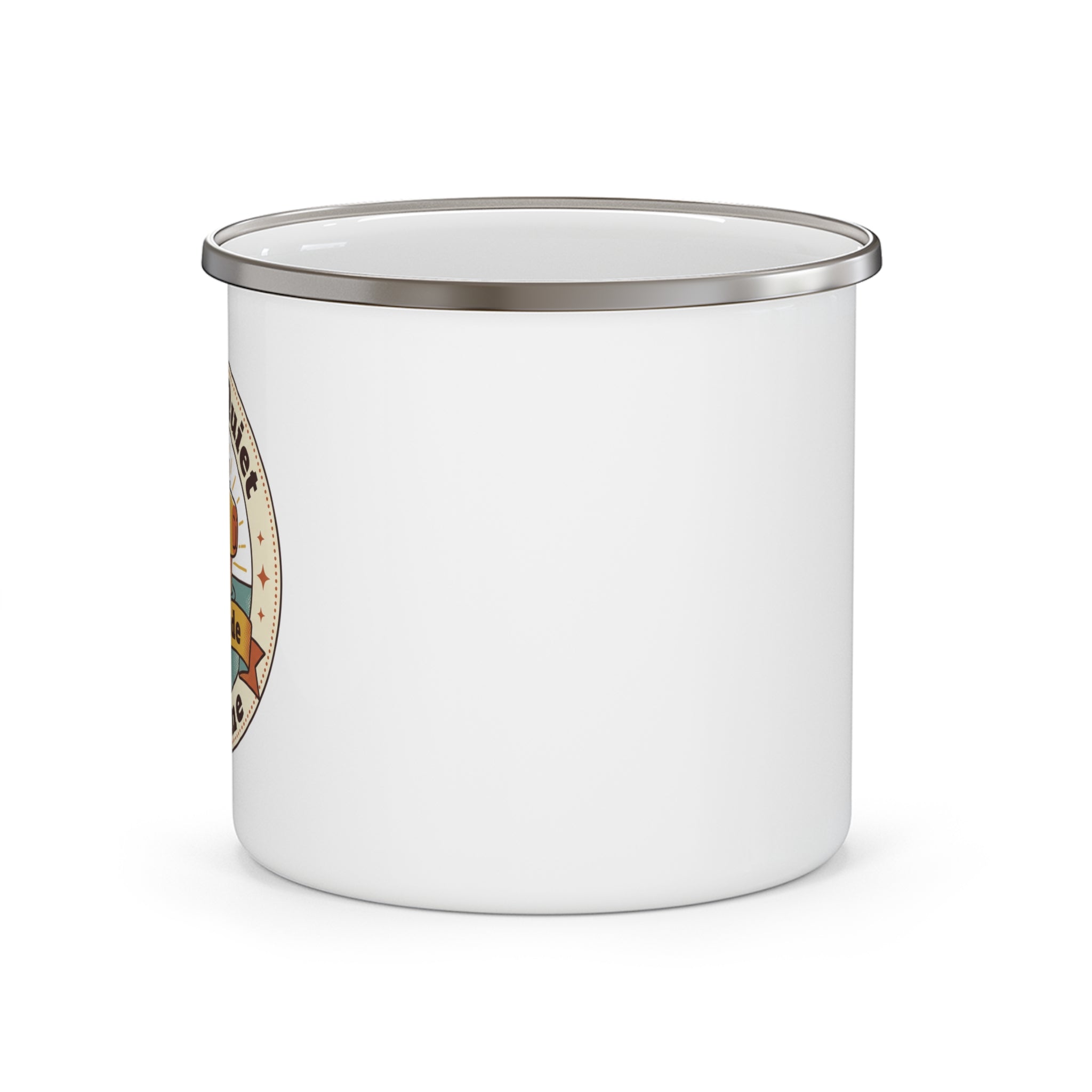 Enamel camping mug, white with partial side graphic and wide metal rim