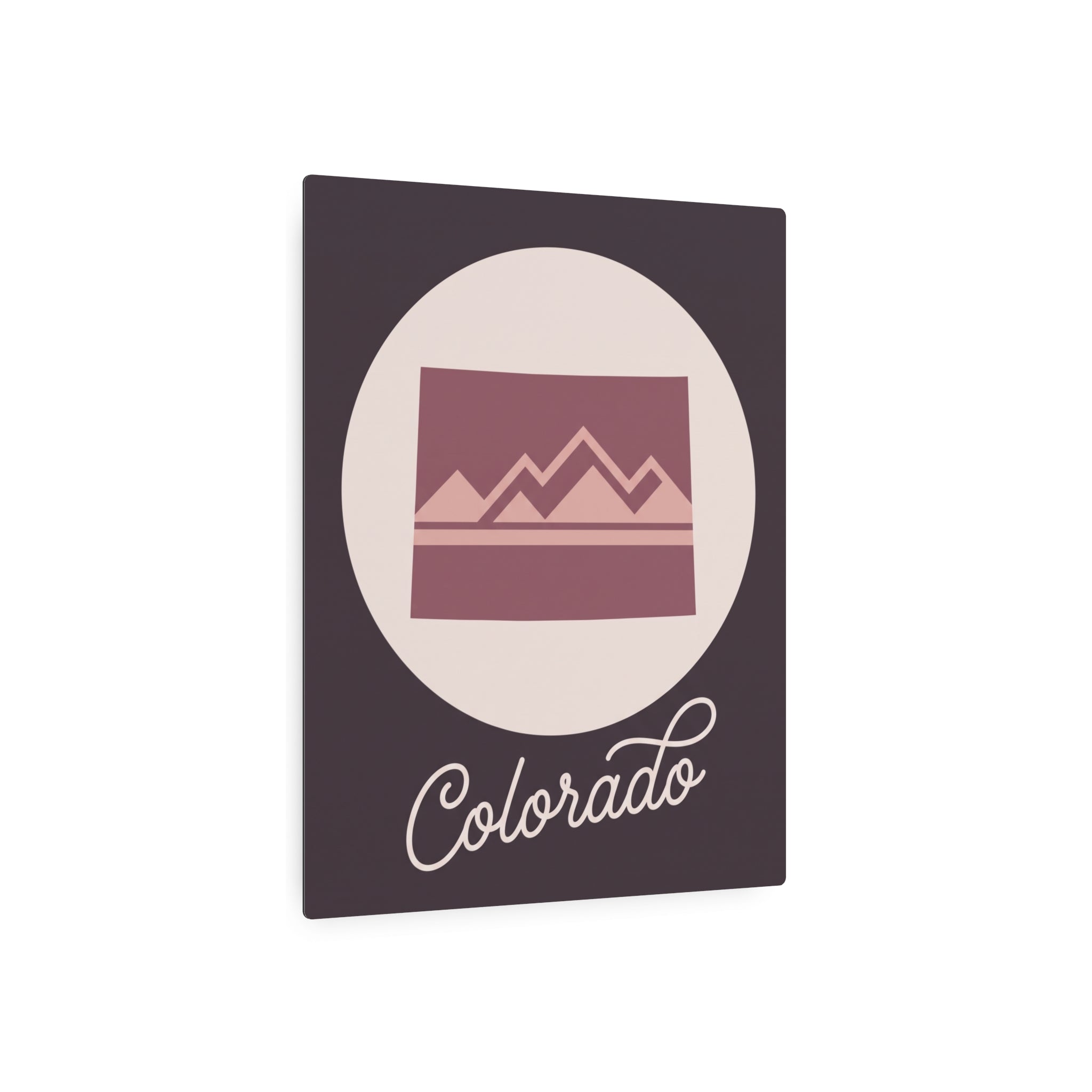 Mauve square Colorado mountain metal wall art with cream circle and script "Colorado"
