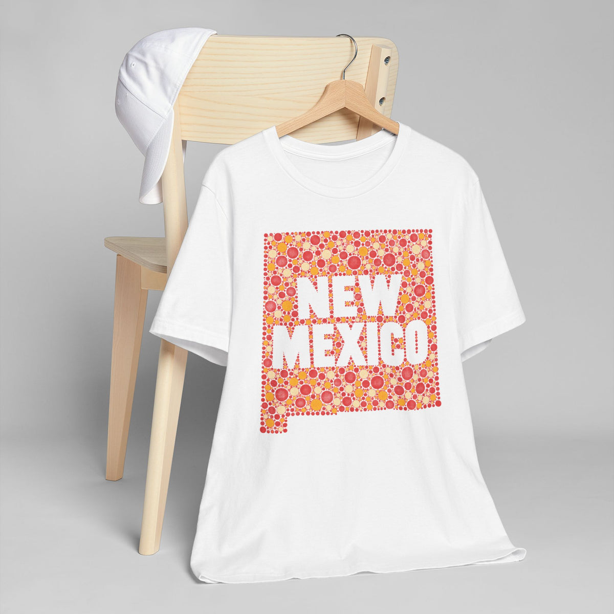 White crewneck t-shirt with colorful New Mexico floral map graphic