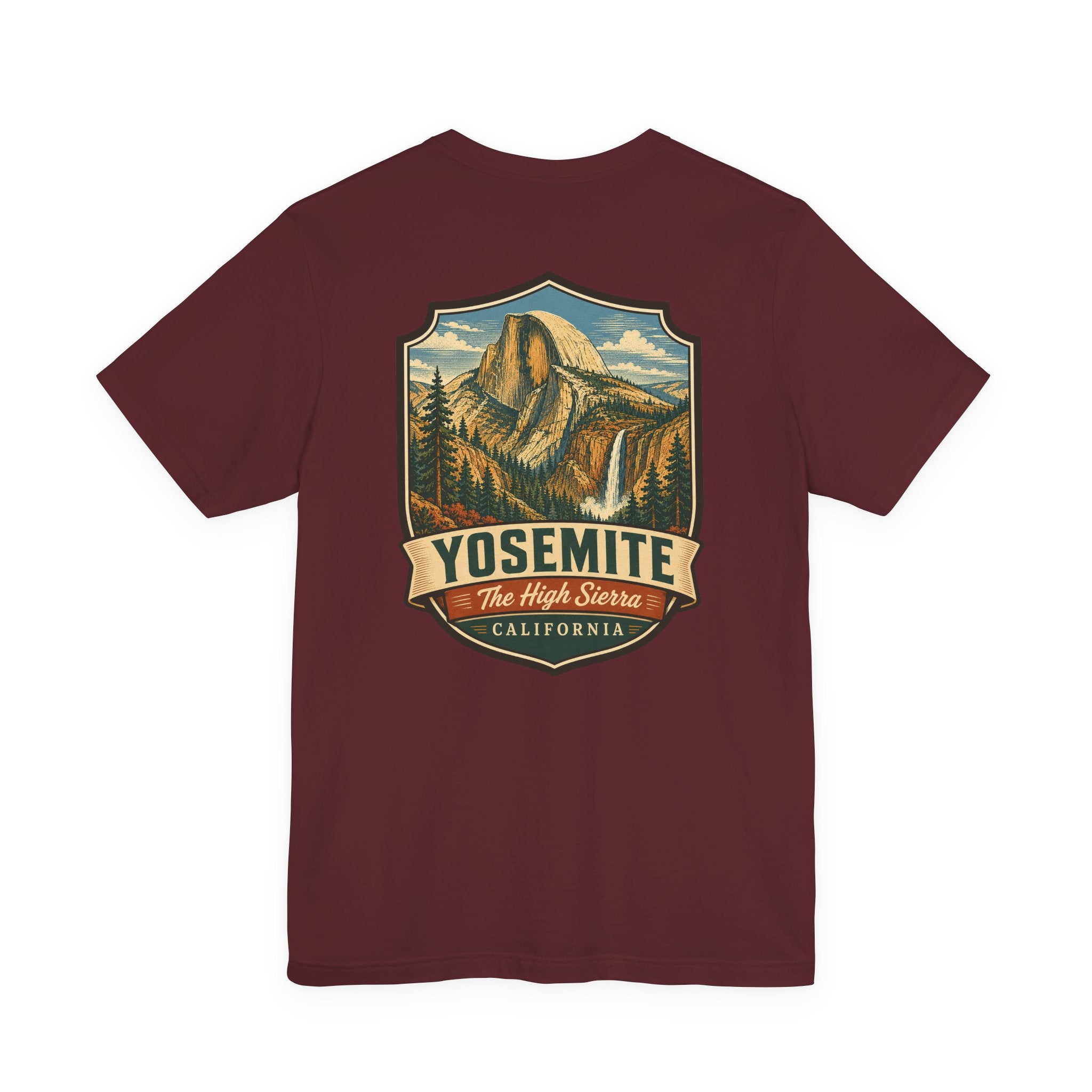 Burgundy T-shirt with large centered Yosemite mountain graphic on the back.
