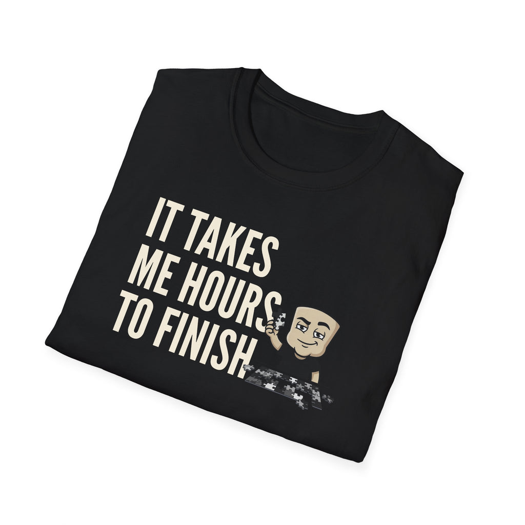 Black T-shirt with 'It takes me hours to finish' puzzle graphic and cartoon face
