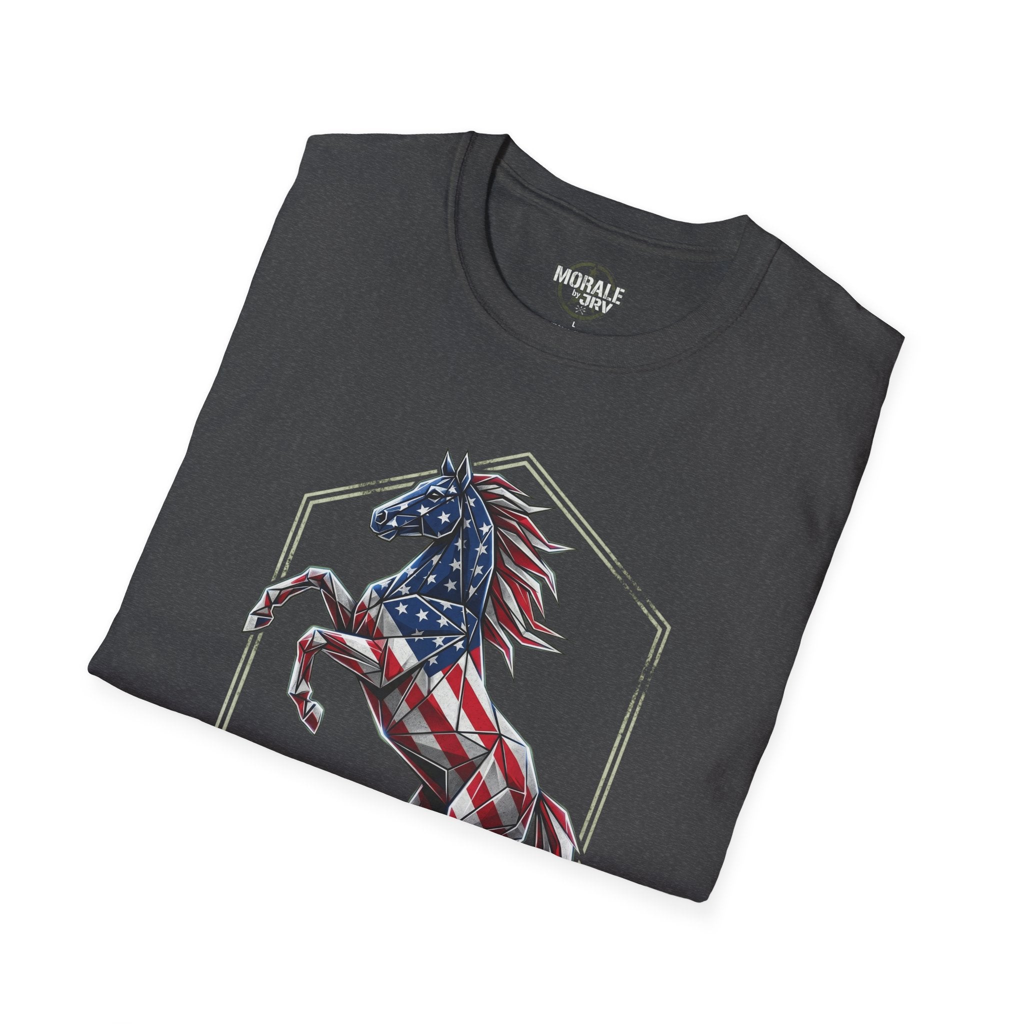 Dark gray T-shirt with patriotic horse graphic on front
