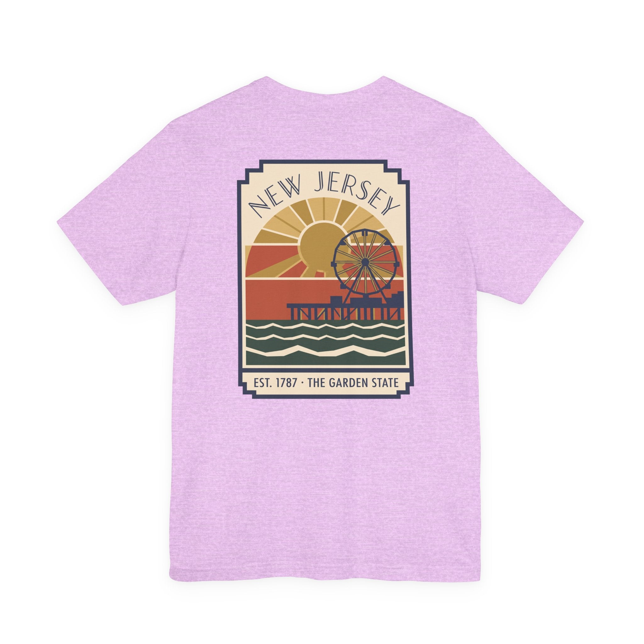 Lavender T-shirt with square vintage New Jersey pier graphic on chest