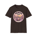 Dark brown graphic T-shirt with circular Venice Italy sunset bridge logo print