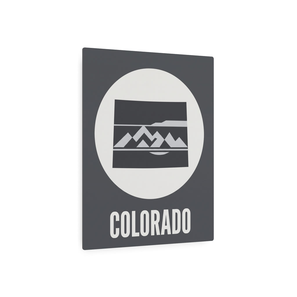 Colorado metal wall art sign with oval mountains and 'COLORADO' text, dark gray square