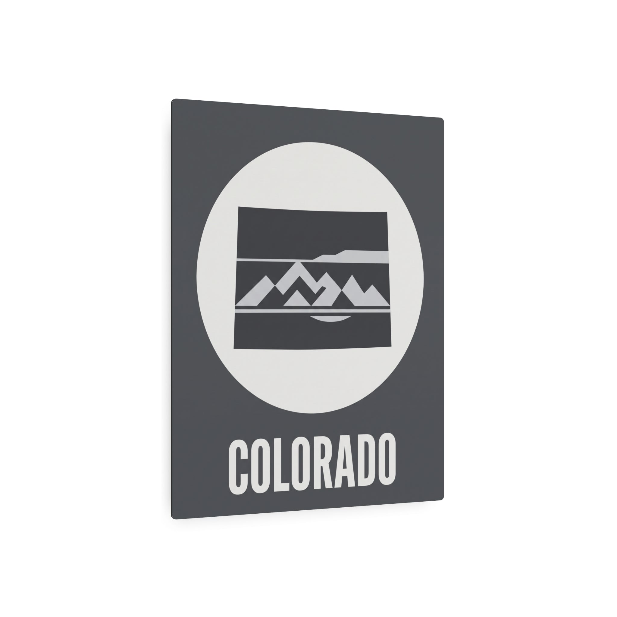 Colorado metal wall art sign with oval mountains and 'COLORADO' text, dark gray square