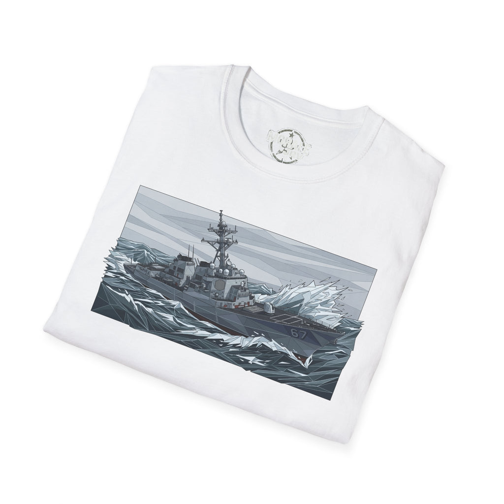 White T-shirt with battleship on stormy seas print