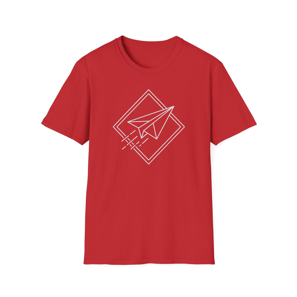Red T-shirt with white paper airplane line art in diamond outline