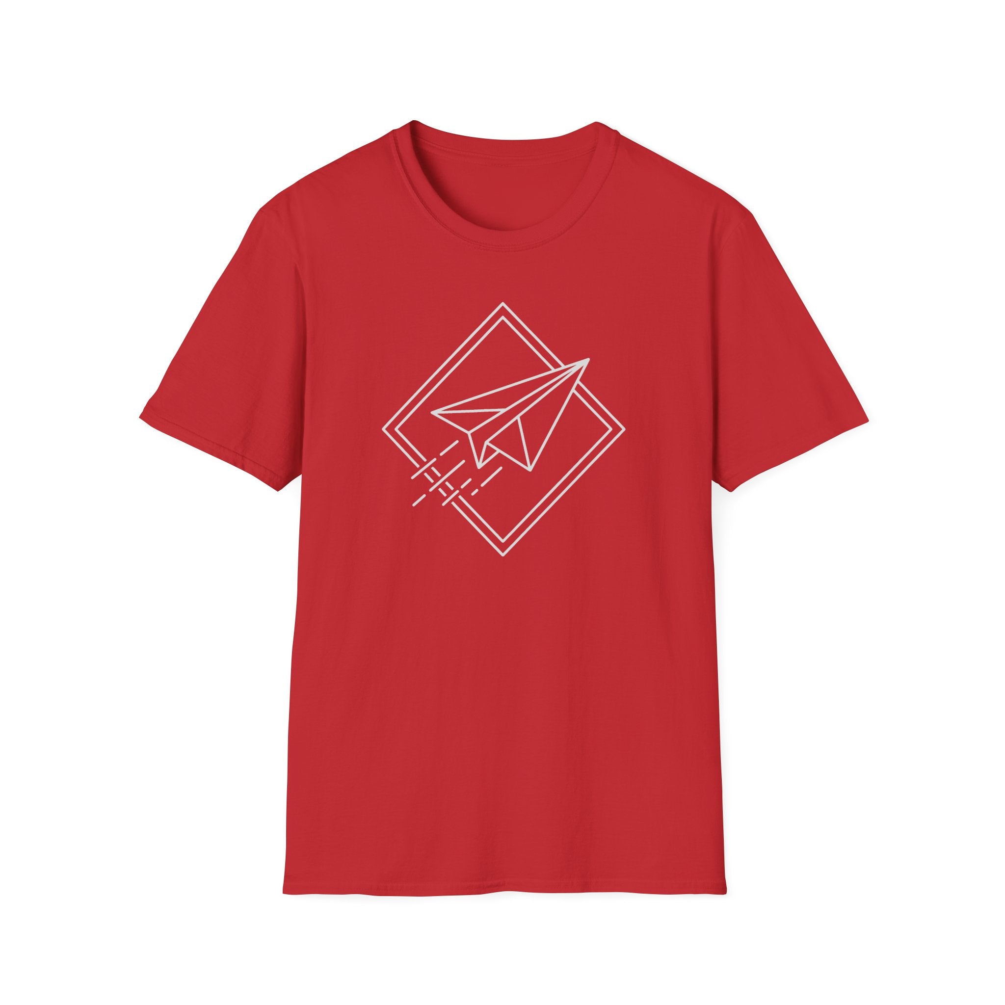 Red T-shirt with white paper airplane line art in diamond outline