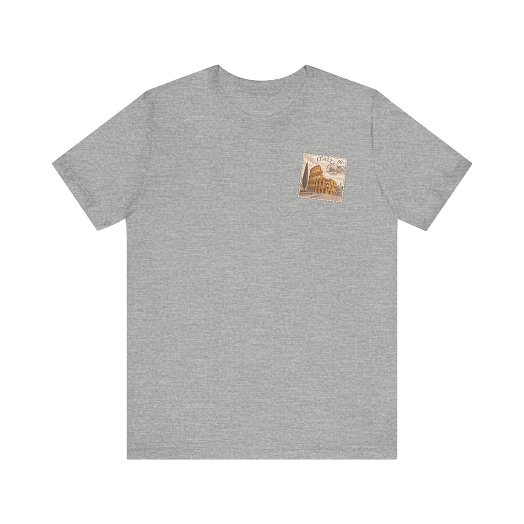 Dark grey heather T-shirt with small square Colosseum illustration on chest