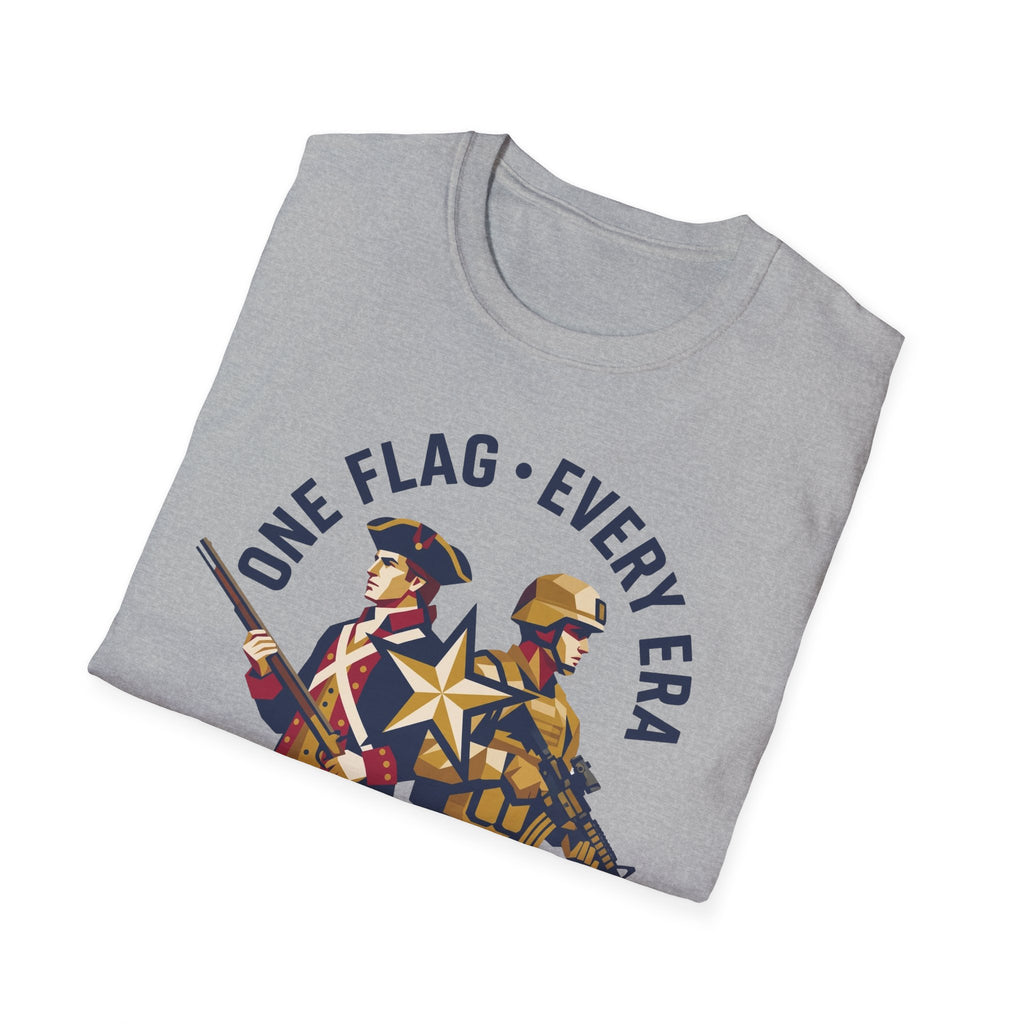 Light gray crew-neck T-shirt with blue "ONE FLAG • EVERY ERA" soldiers graphic