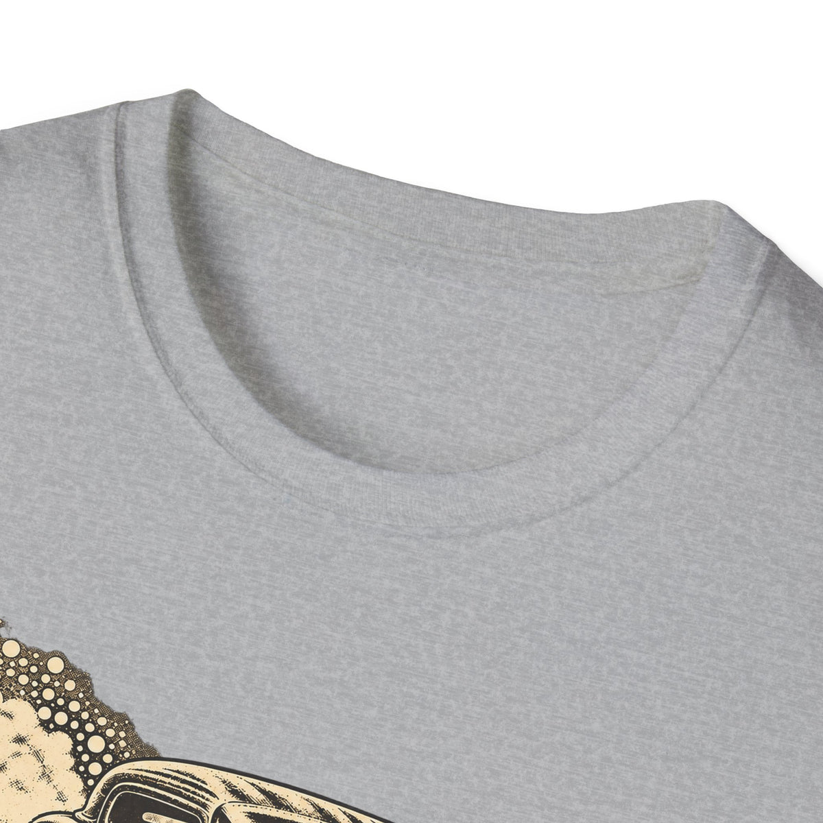 Light gray short-sleeve T-shirt neckline close-up, no front graphic visible
