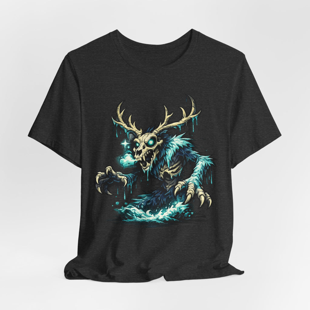 Dark grey unisex crewneck T-shirt with glowing skull deer monster front print.