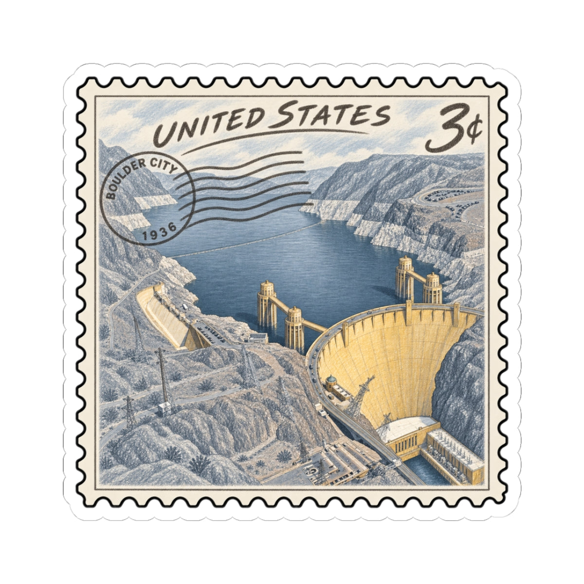 Vintage US postage stamp kiss-cut sticker, blue landscape dam scene with scalloped border