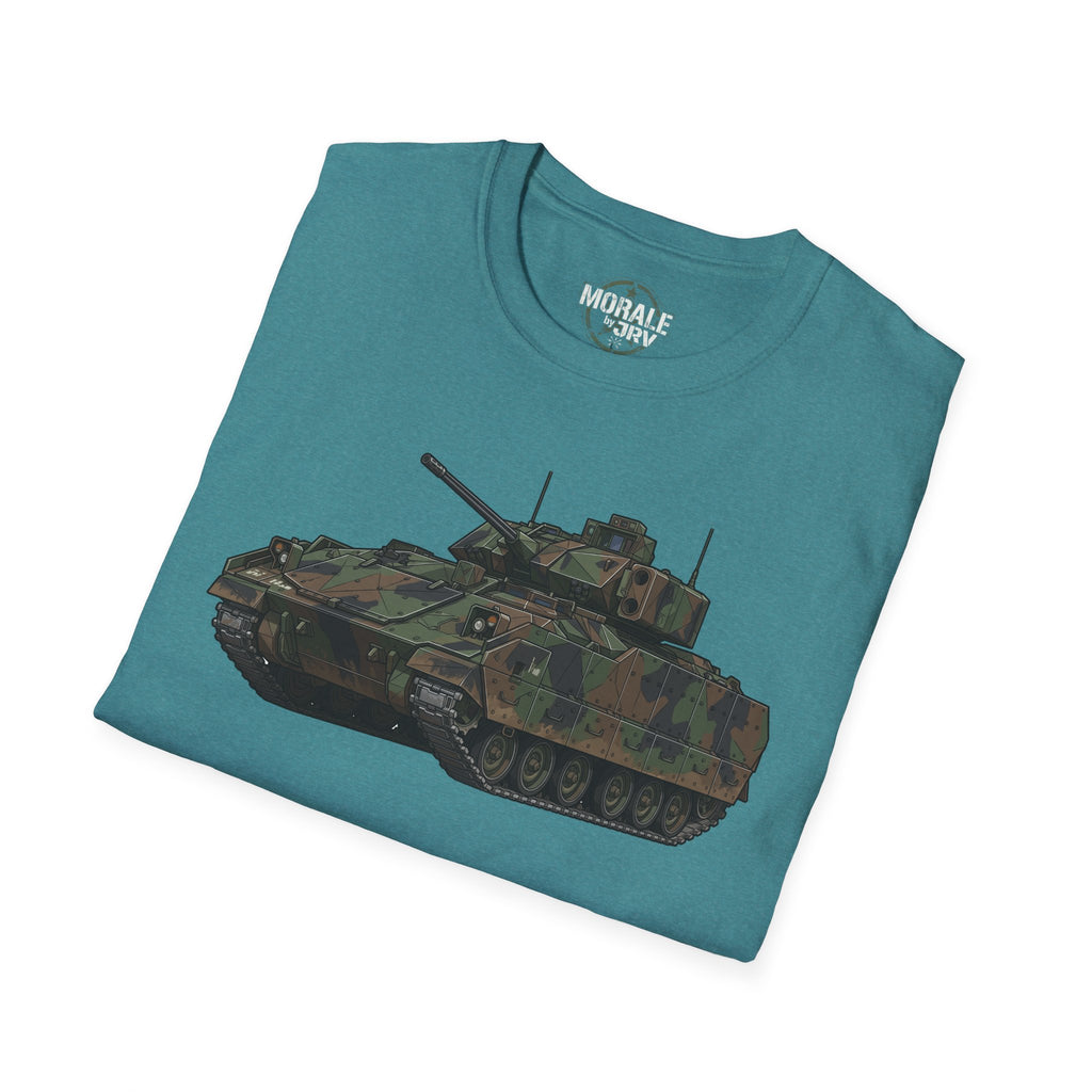 Bradley Fighting Vehicle camo tank T-shirt, full tank graphic on teal