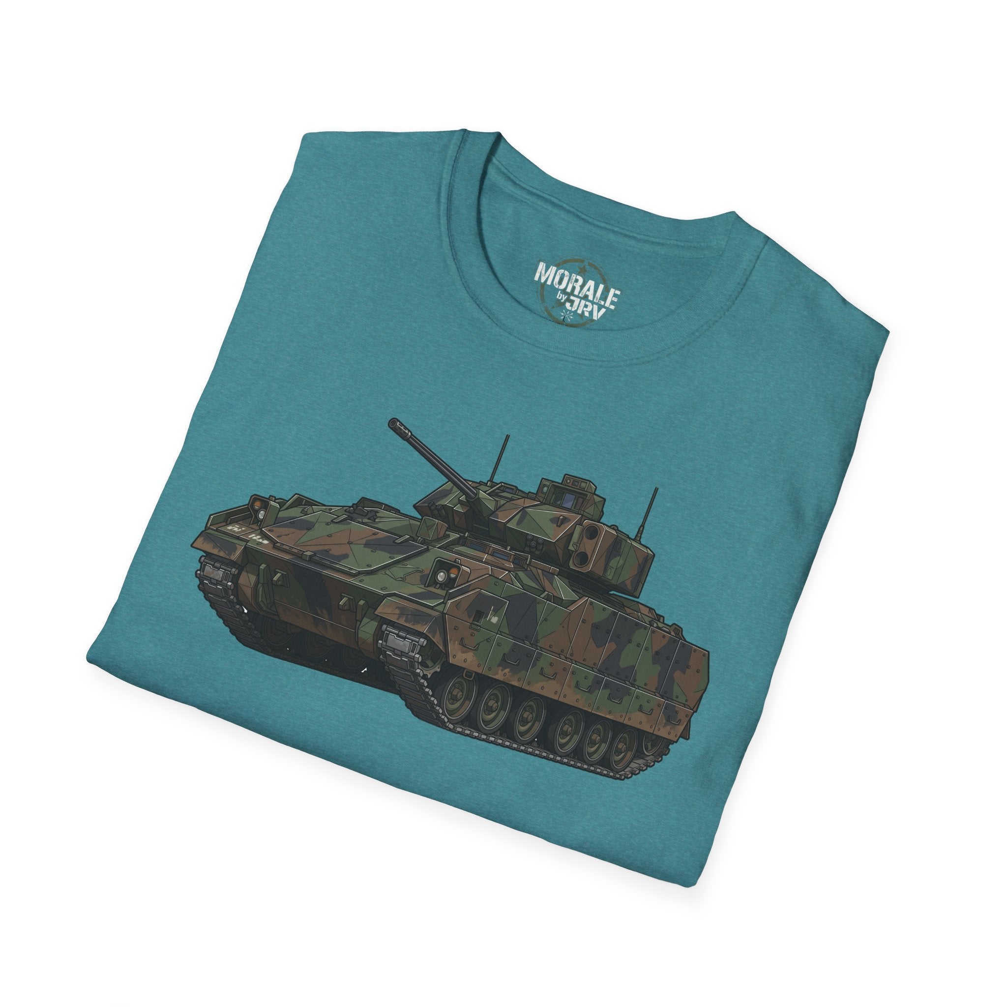 Bradley Fighting Vehicle camo tank T-shirt, full tank graphic on teal