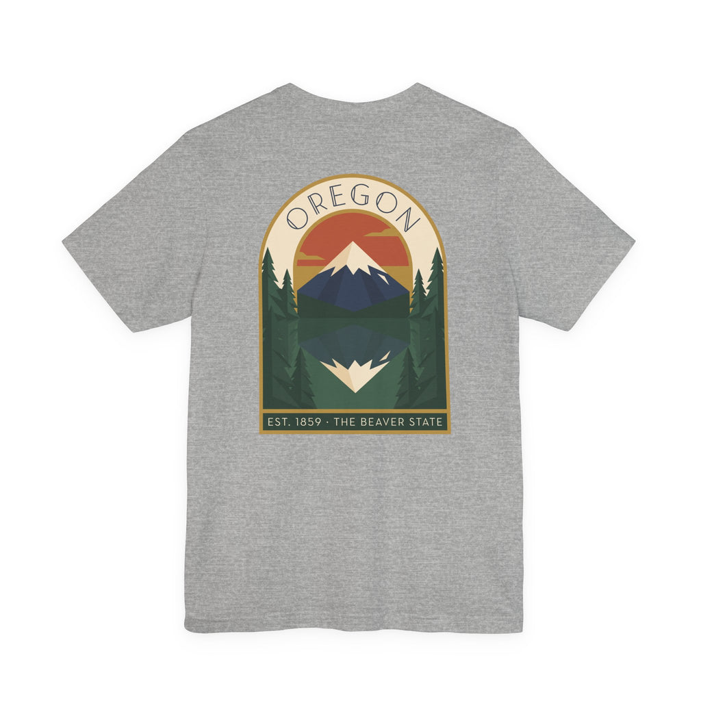 Light gray crewneck T-shirt with large centered Oregon graphic print