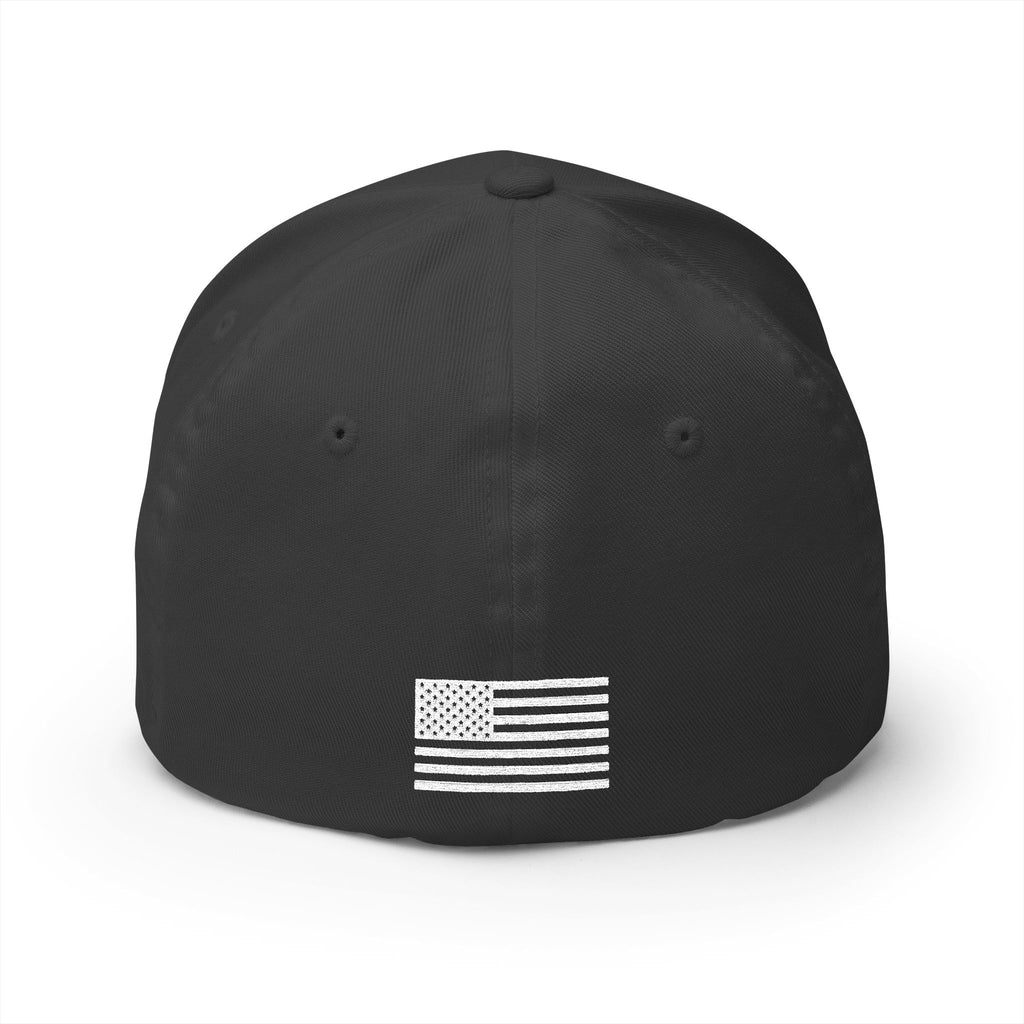Embroidered baseball cap in dark color with white American flag patch on front panel.