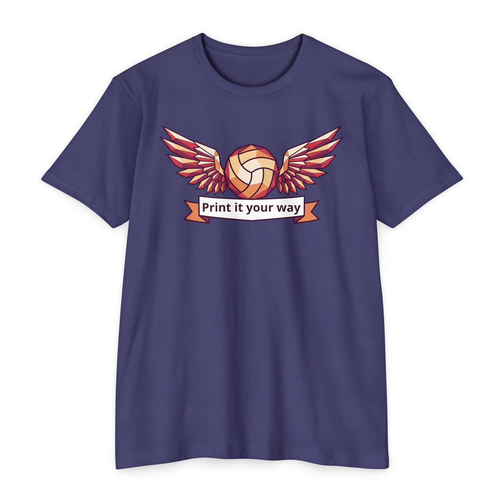 Purple unisex volleyball graphic T-shirt with winged ball emblem on front