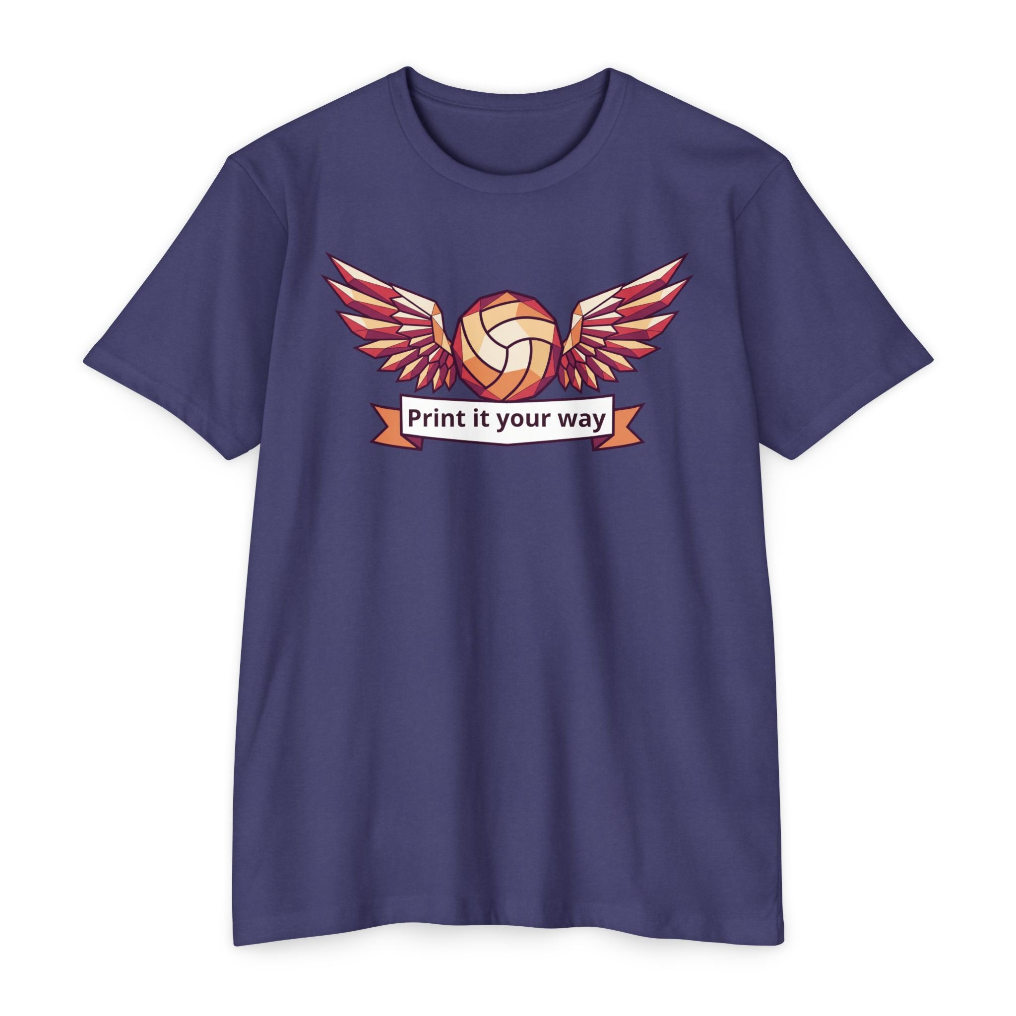 Purple unisex volleyball graphic T-shirt with winged ball emblem on front