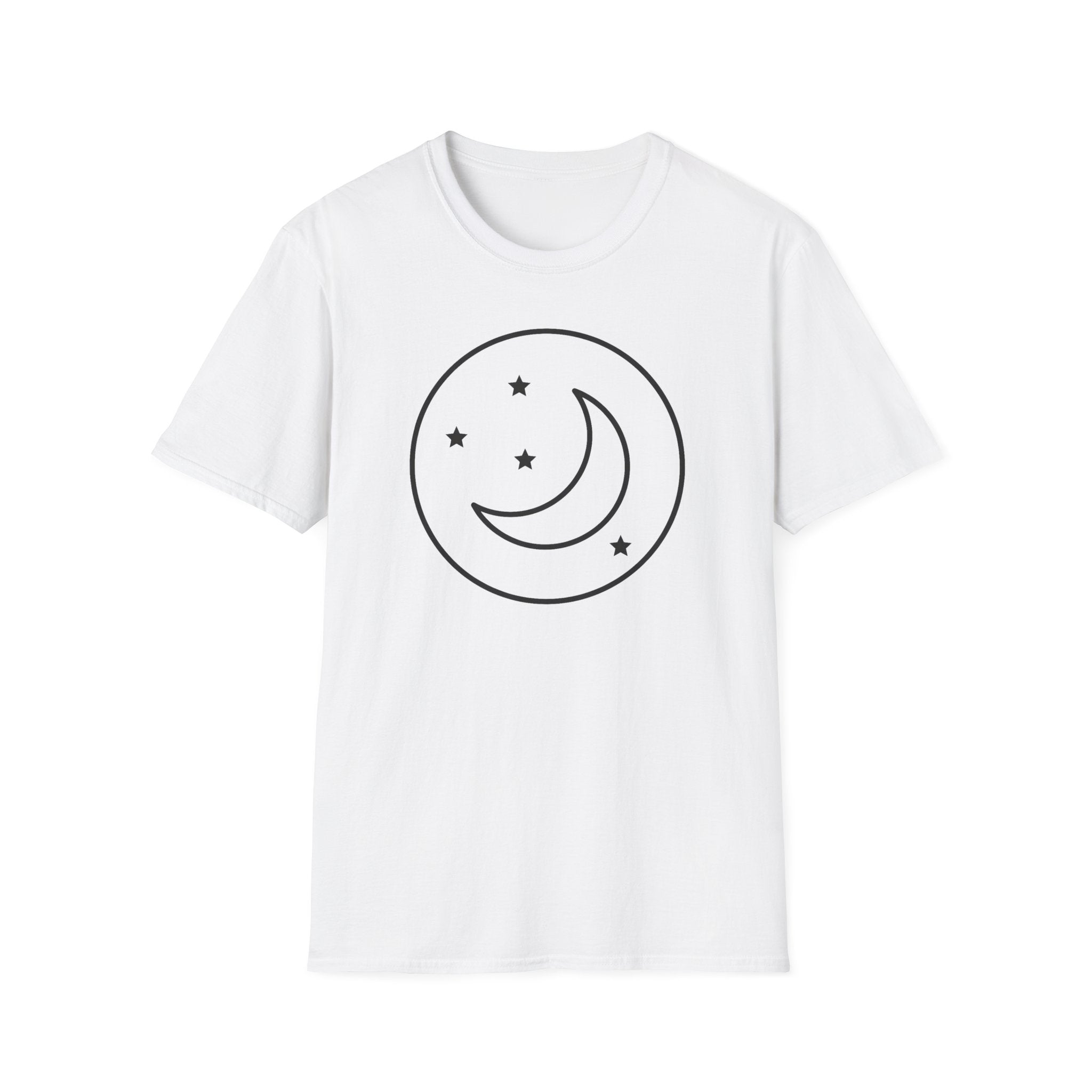 White unisex T-shirt with black crescent moon and stars in a circular outline