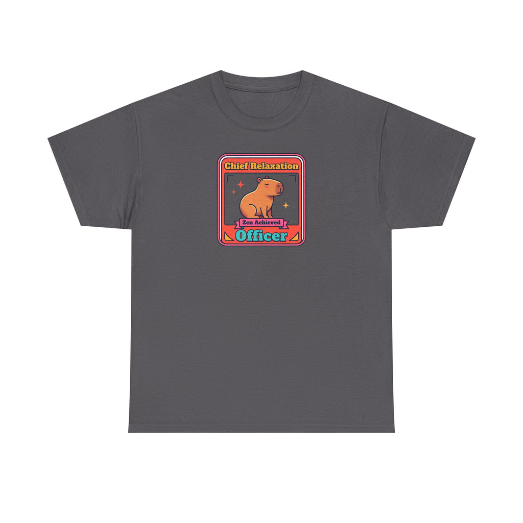 Dark gray graphic T-shirt with capybara zen badge logo at center