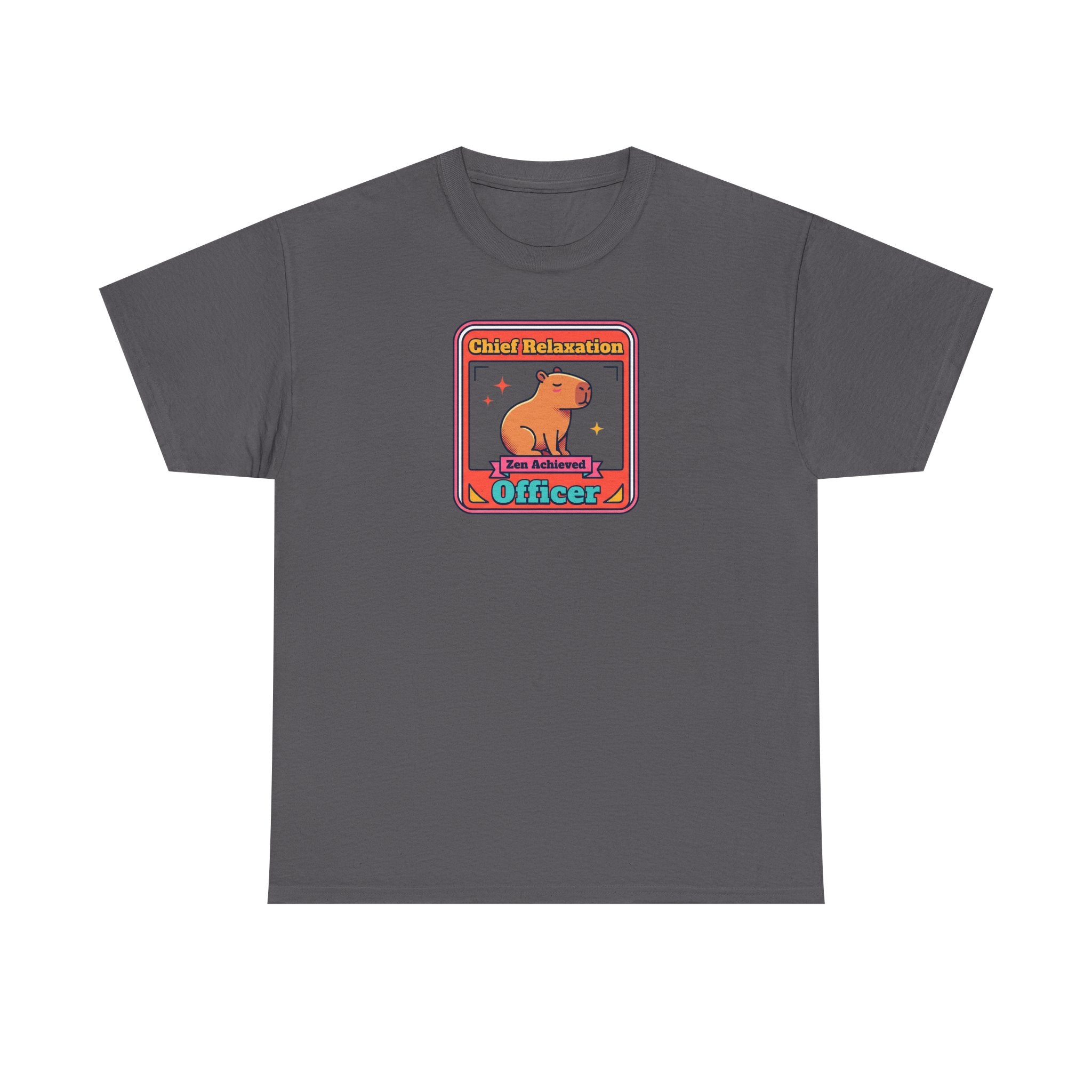 Dark gray graphic T-shirt with capybara zen badge logo at center
