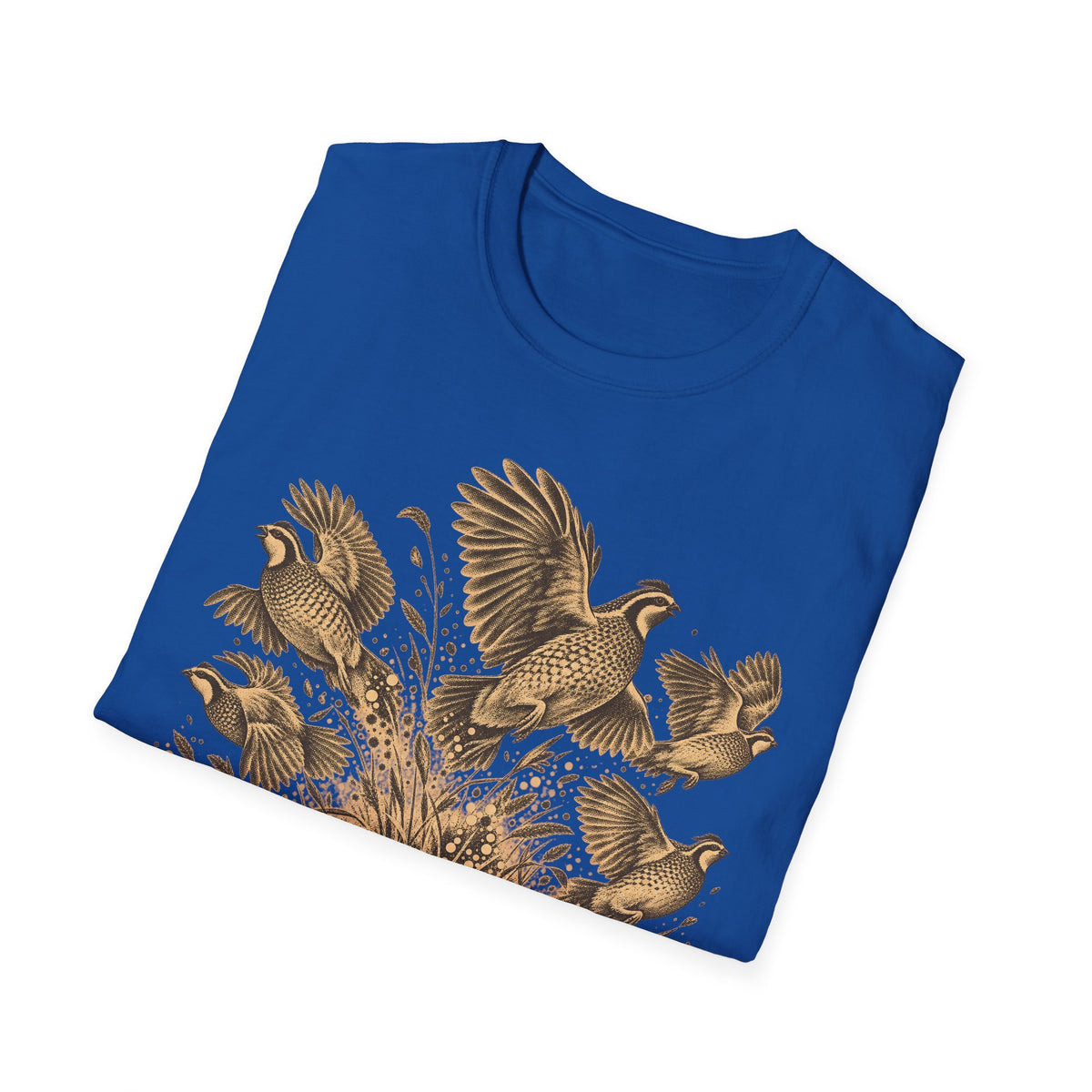 Royal blue T-shirt with gold bird graphic across front