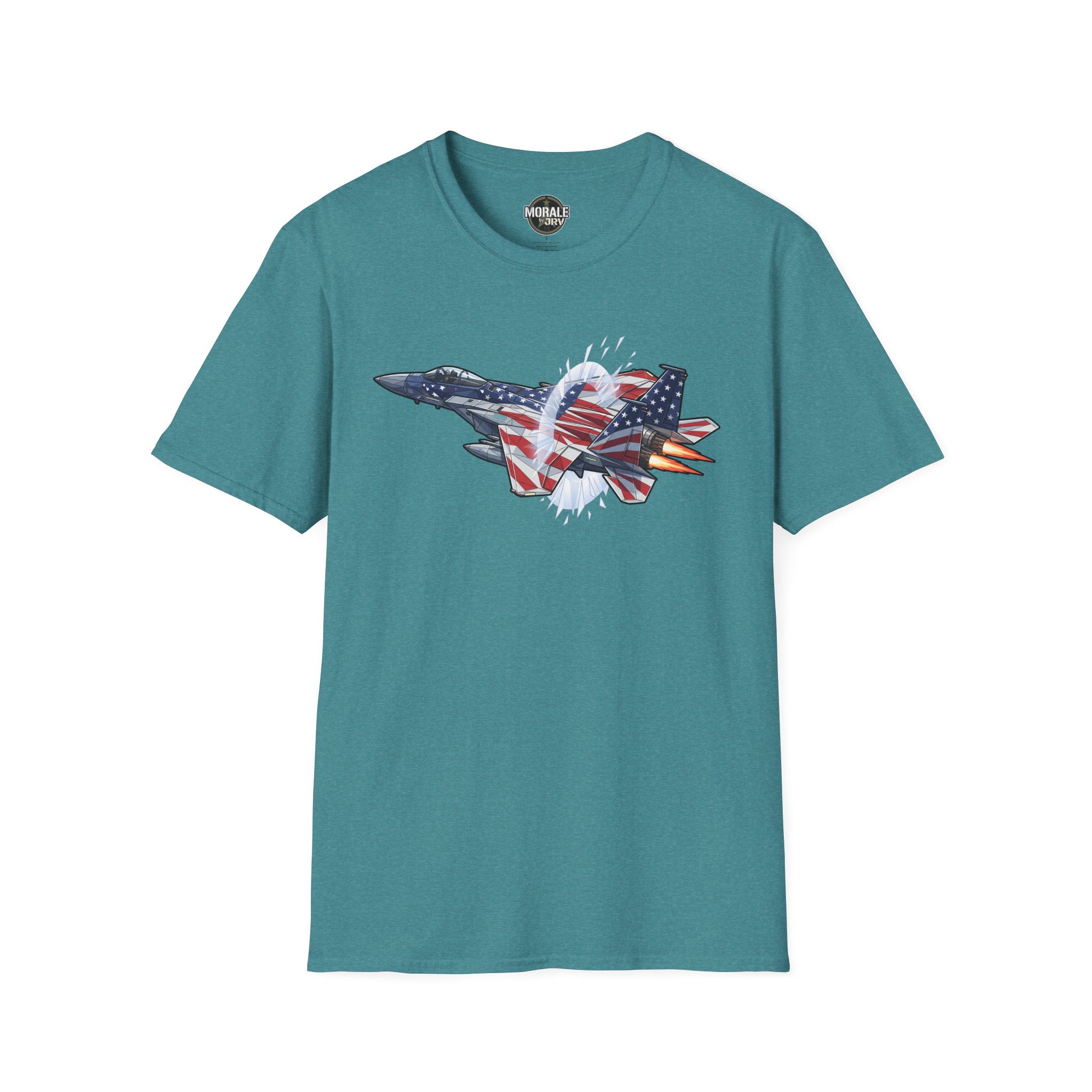 Heather teal T-shirt with American flag fighter jet graphic