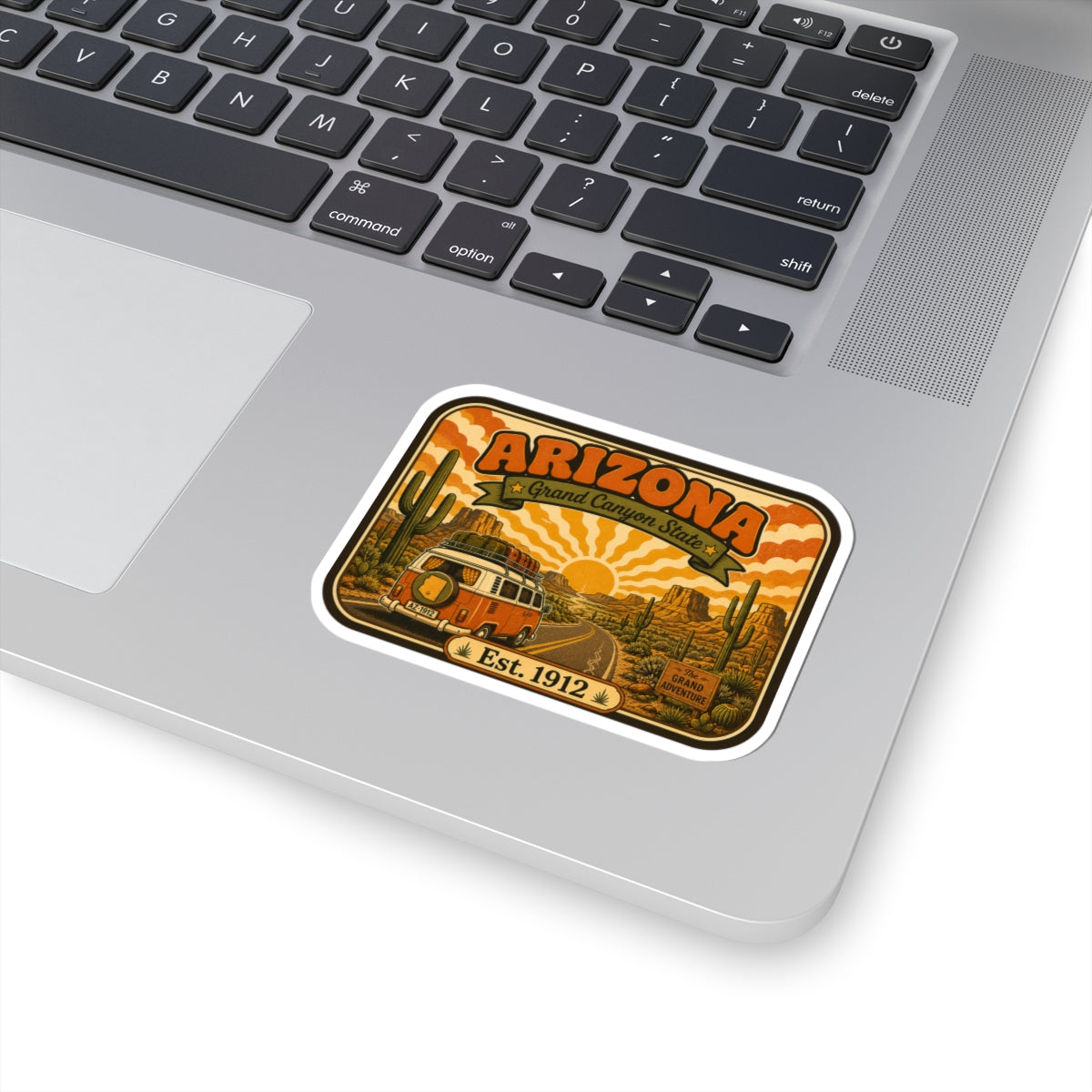 Die-cut sticker with Arizona Grand Canyon State design, vintage camper van, and Est. 1912