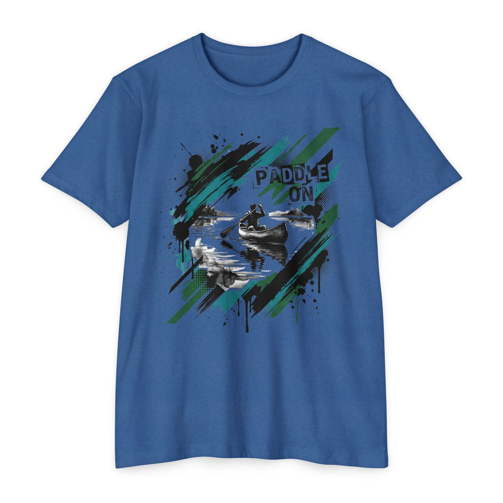 Blue T-shirt with front kayaking graphic reading “PADDLE ON”